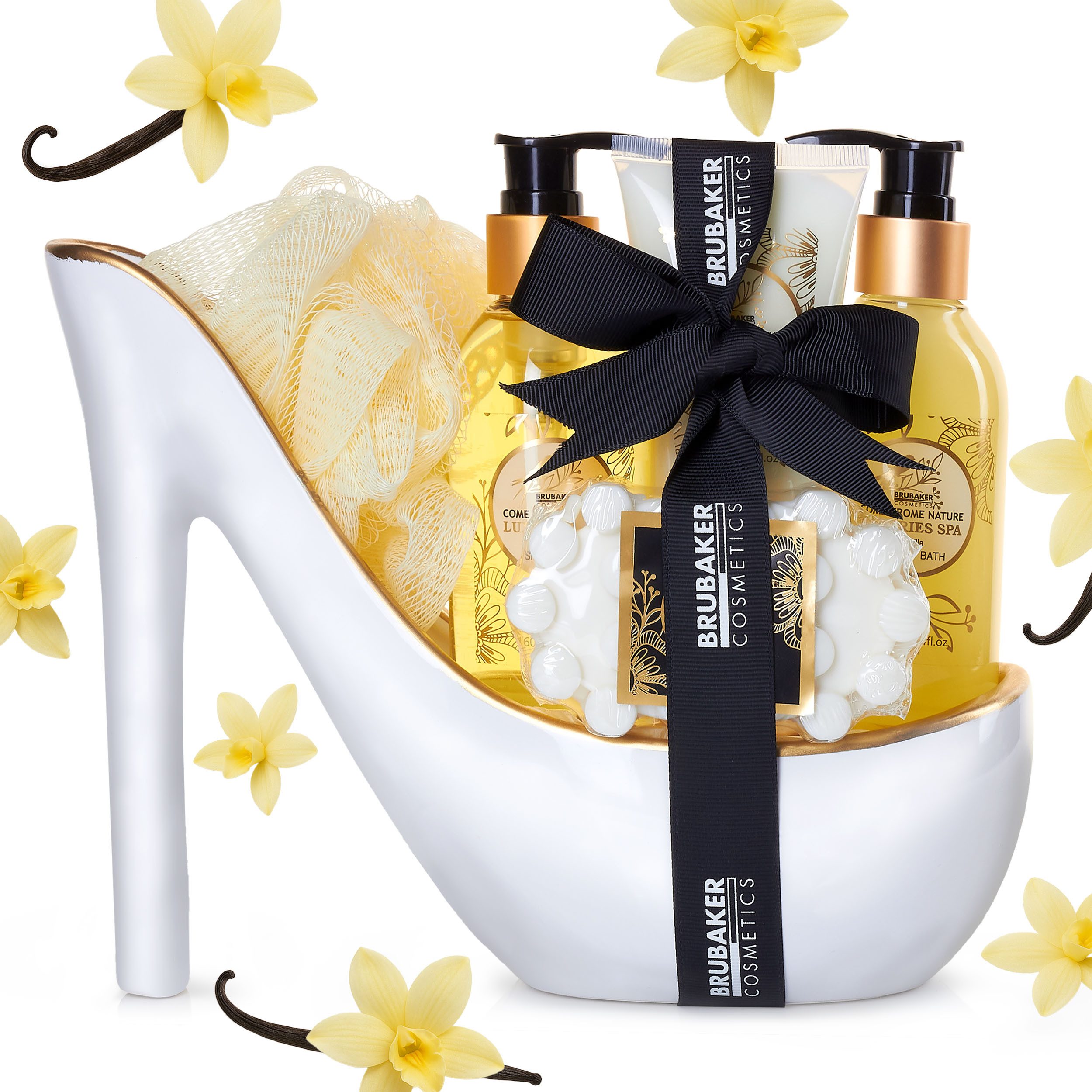 BRUBAKER Pflege-Geschenkset Dusch- und Badeset mit Vanille Spa Duft in Deko High Heel für Damen, 6-tlg., Frauen Geschenkset in Keramik Stiletto, Luxus Pflegeset