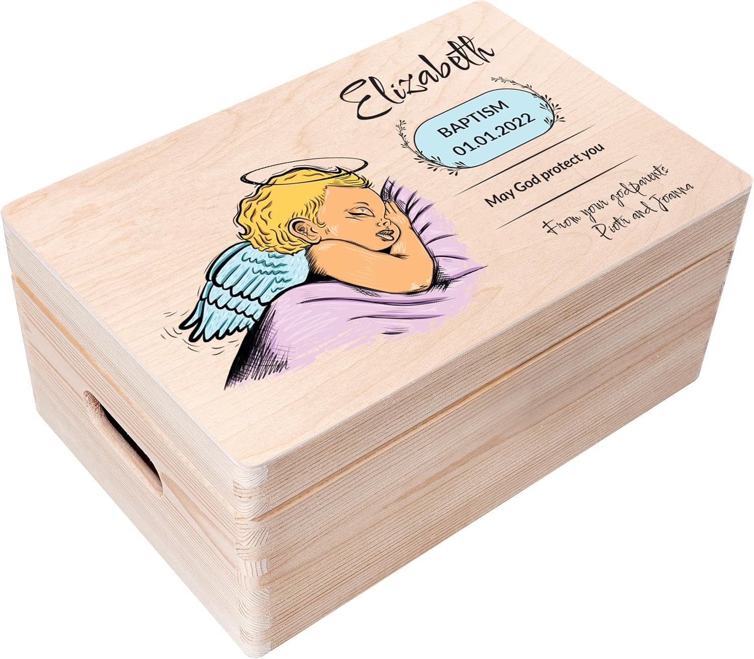 Creative Deco Holzkiste Taufe Geschenk für Mädchen und Junge Natur 30 x 20 x 14 cm
