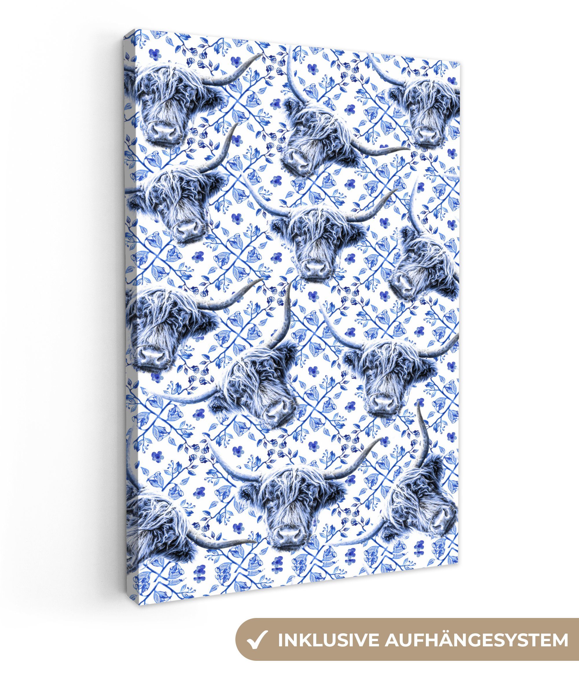 OneMillionCanvasses® Leinwandbild Schottischer Highlander - Delfter fertig cm inkl. (1 Gemälde, Blau, Leinwandbild St), 20x30 Tiere - bespannt Zackenaufhänger