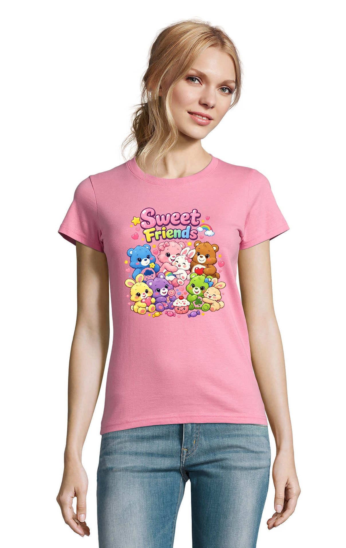 T-Shirt Damen T Shirt Sweet Friends Cartoon Tiere Süß Rundhals Freizeit