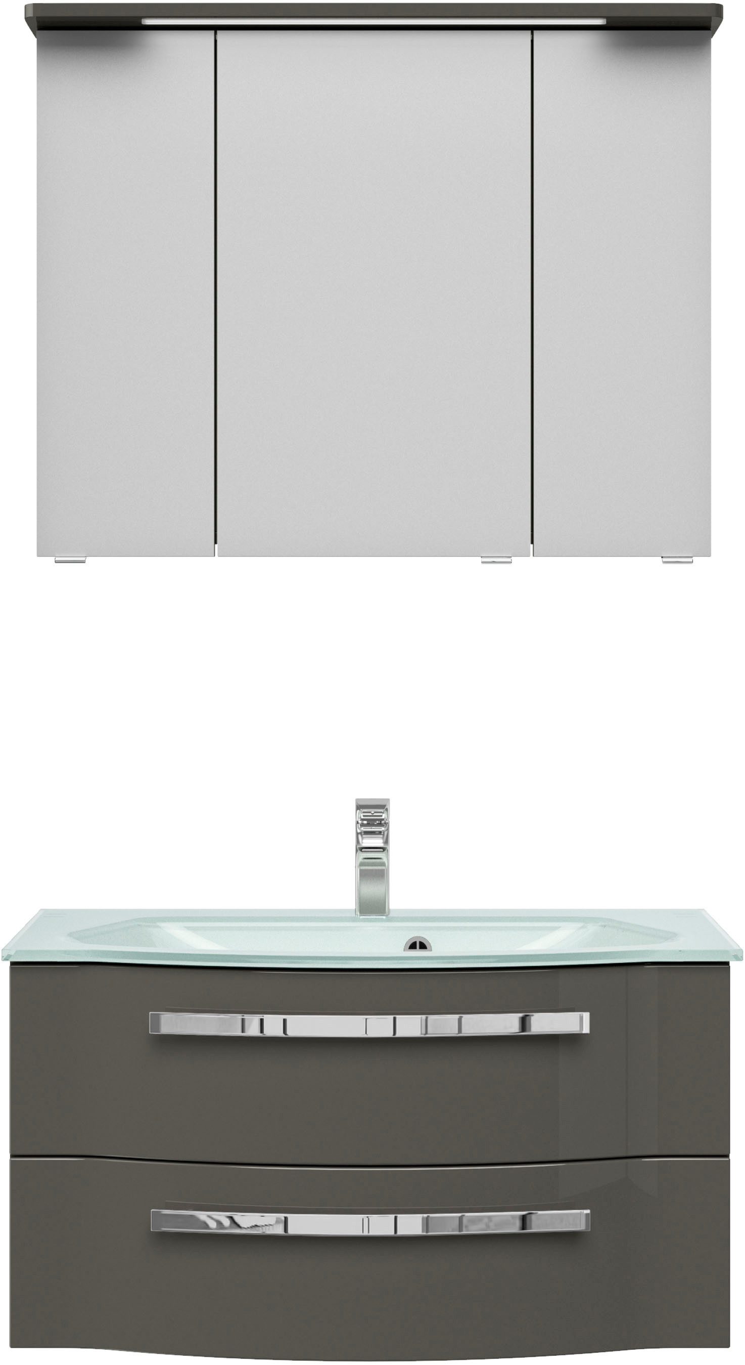 Saphir Badmöbel-Set Serie 4005, vormontiert, Glaswaschbecken, Spiegelschrank, (Set, 3-St), Badezimmer-Set mit Unterschrank, Midischrank, inkl. Türdämpfer