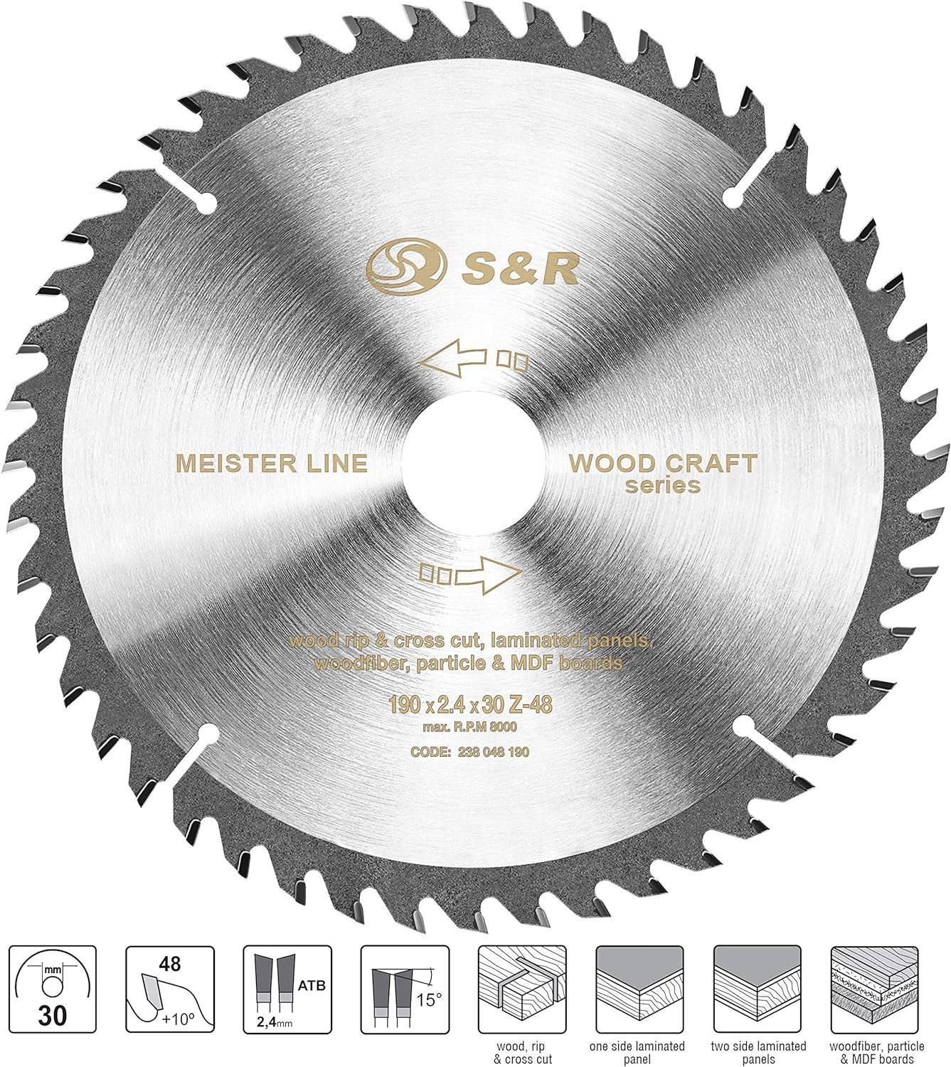 S&R Kreissägeblatt 190 x 30 x 2,4mm 48T "Wood Craft" in Profiqualität (Einzelsägeblatt, + Reduzierringe für 20 mm und 25,4 mm), Holzbearbeitung, Hart- und Weichholz, beschichtete Platte etc.