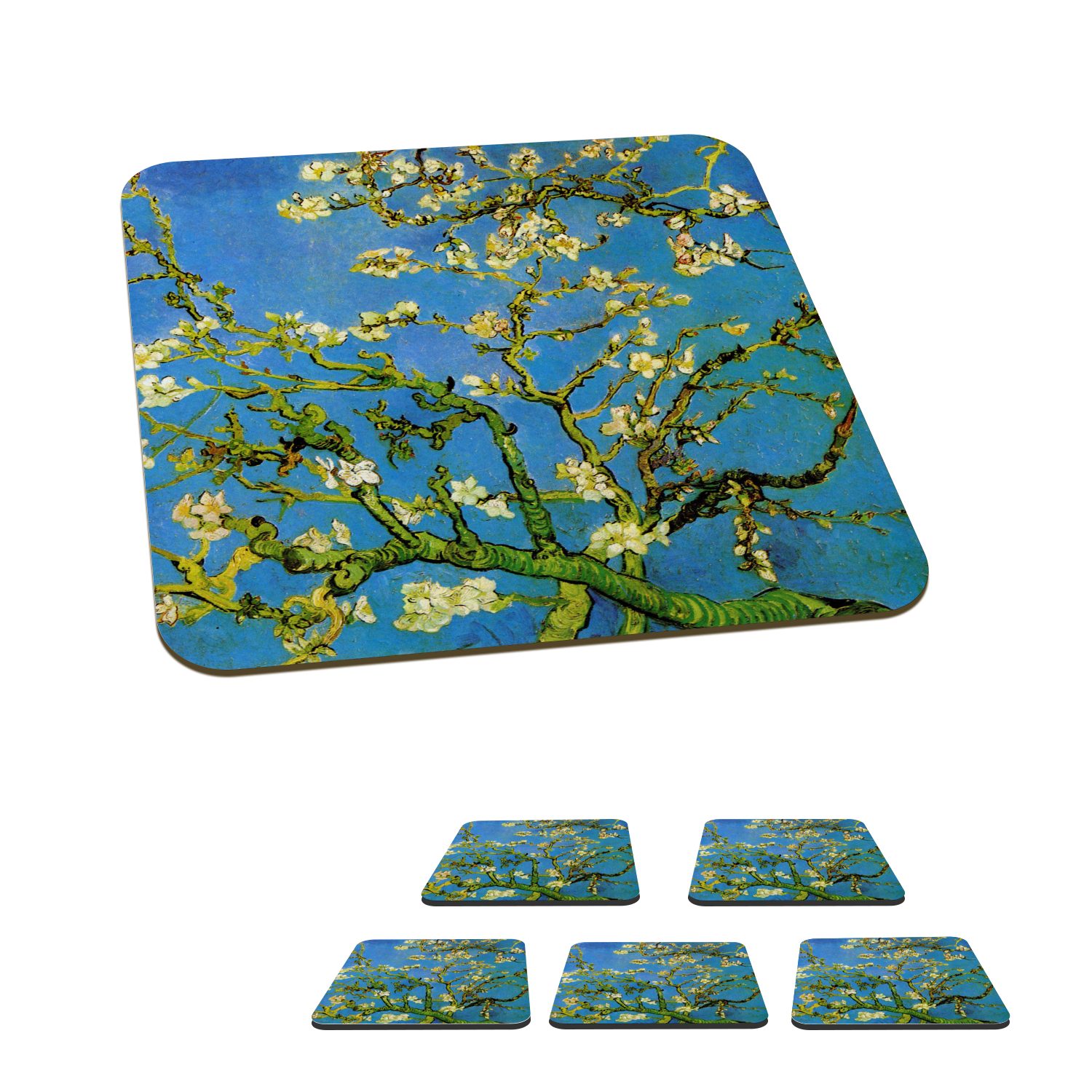 MuchoWow Glasuntersetzer Mandelblüte - Gemälde von Vincent van Gogh, Zubehör für Gläser, 6-tlg., Glasuntersetzer, Tischuntersetzer, Korkuntersetzer, Untersetzer, Tasse