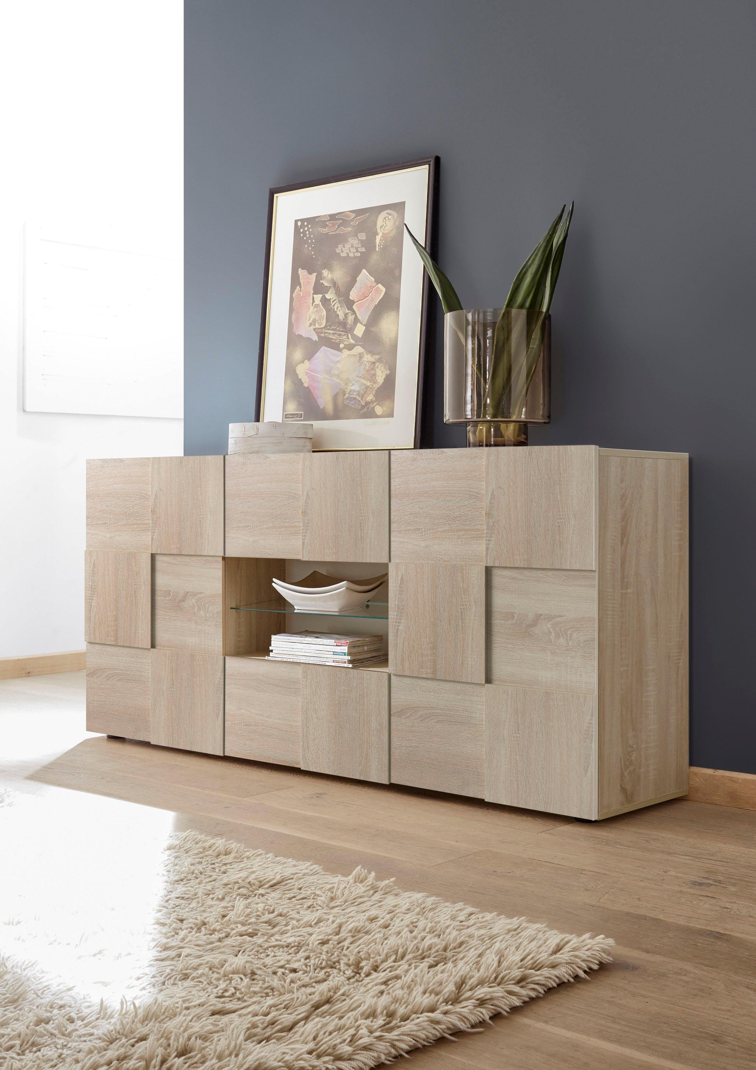 Home affaire Sideboard Dama Breite 181, Kommode 2 Türen u. 2 Schubkästen, Anrichte, Front in 3D-Optik, viel Stauraum, verschiedene Farben