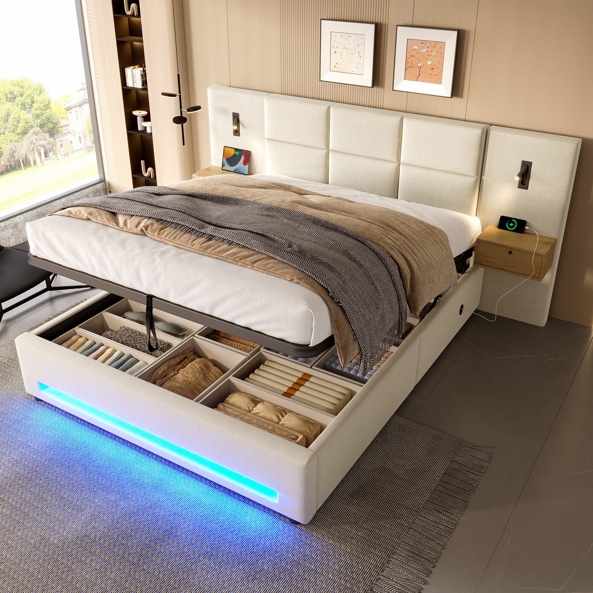 TavilaEcon Boxspringbett mit Samtkopfteil, praktischen Stauschubladen und LED-Nachtlicht (1-St), mit USB-C-Anschlüssen und robustem Metallgestell, 160×200cm, beige
