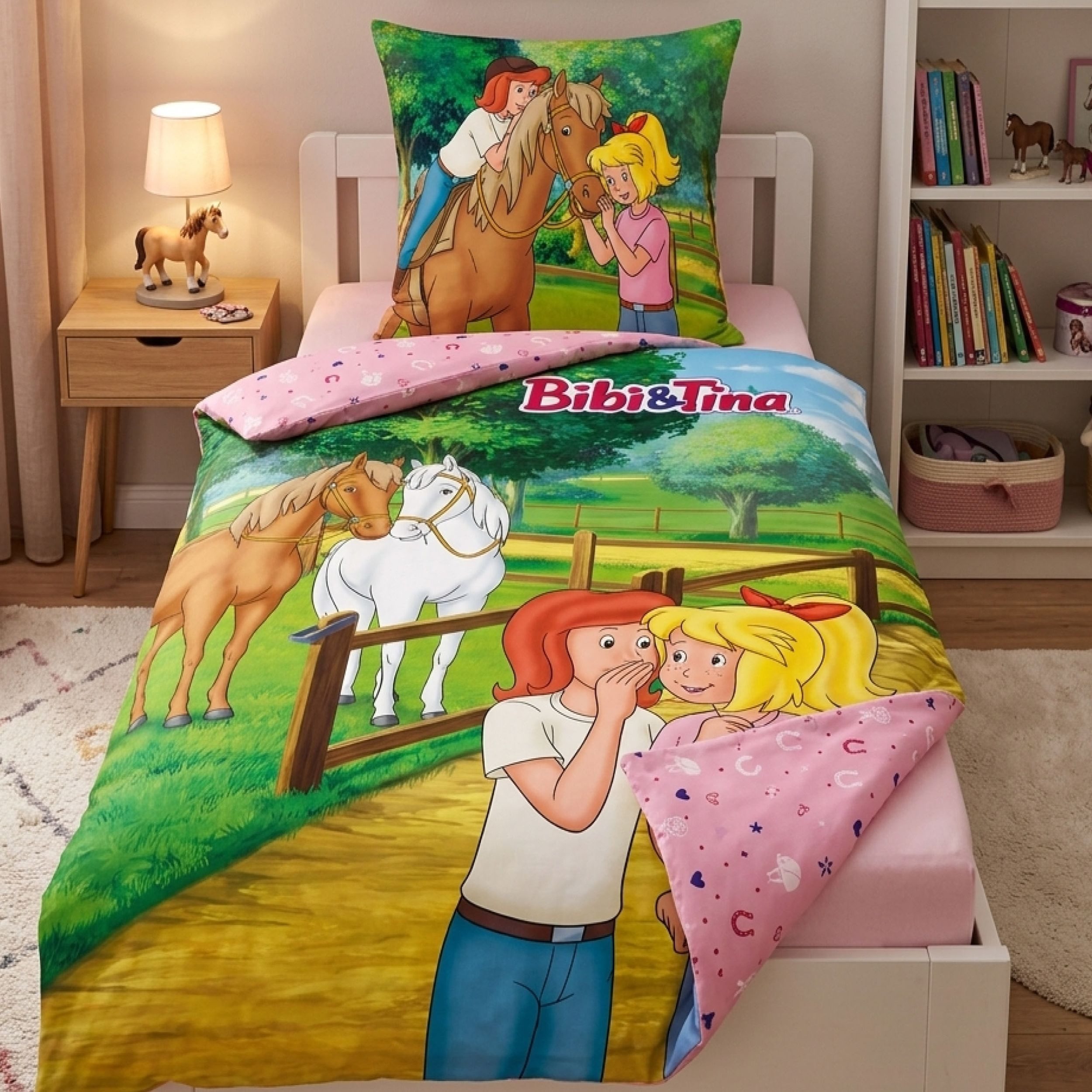 Familando Kinderbettwäsche Bibi und Tina; 100% Baumwolle; Rosa mit Pferden für Mädchen, Renforcé, 2 teilig, 135x200 80x80cm mit Reißverschluss; Wendebettwäsche