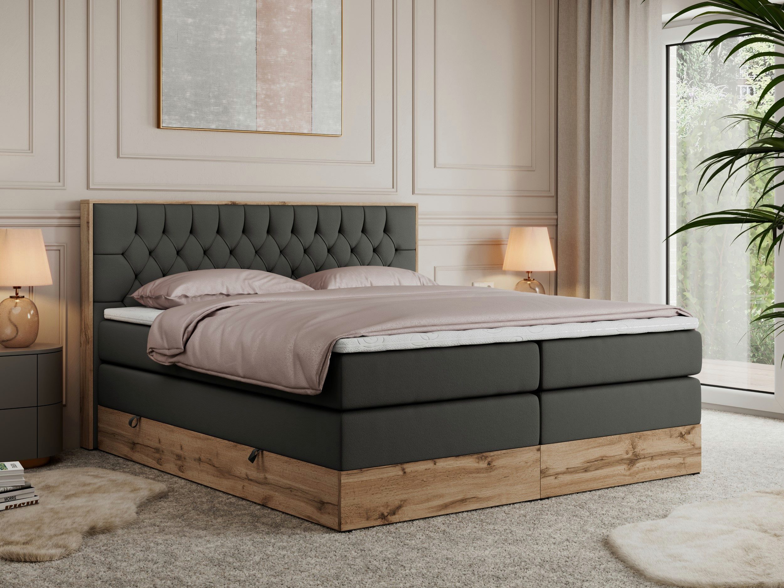 MKS MÖBEL Boxspringbett AMORE KING (Set, T30-Schaum, Topper T25/Visco, fünf Matratzen, zwei Bettkästen), mit Multipocket Matratzen, Boxspringbett, mit Möbelplatten
