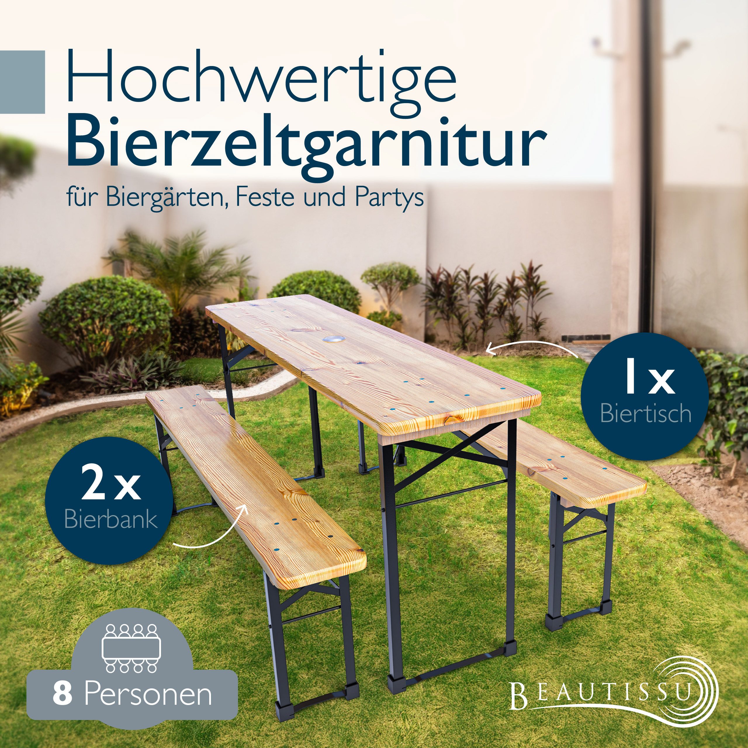 Beautissu Bierzeltgarnitur 3tlg Bierzeltgarnitur klappbar Holz BT22, 170x46cm, Biergartengarnitur Festzeltgarnitur Campingtisch Outdoor