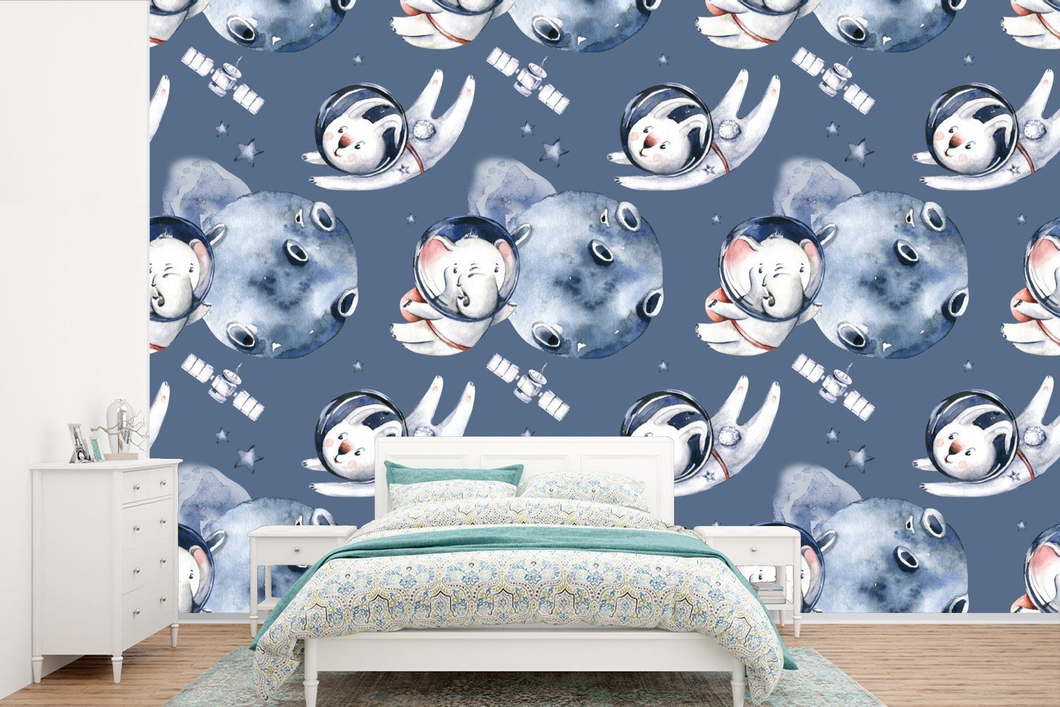 MuchoWow Fototapete Elefant - Kaninchen - Muster - Raumfahrt - Jungen - Mädchen - Kinder, Matt, bedruckt, (6 St), Wallpaper für Wohnzimmer, Schlafzimmer, Kinderzimmer, Vinyl Tapete