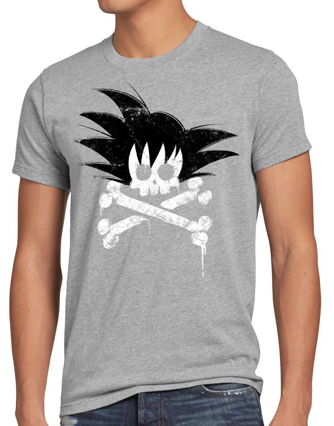 style3 Print-Shirt Herren T-Shirt Goku Skull songoku dragon z ball super saiyan totenkopf vegeta gt grau meliert
