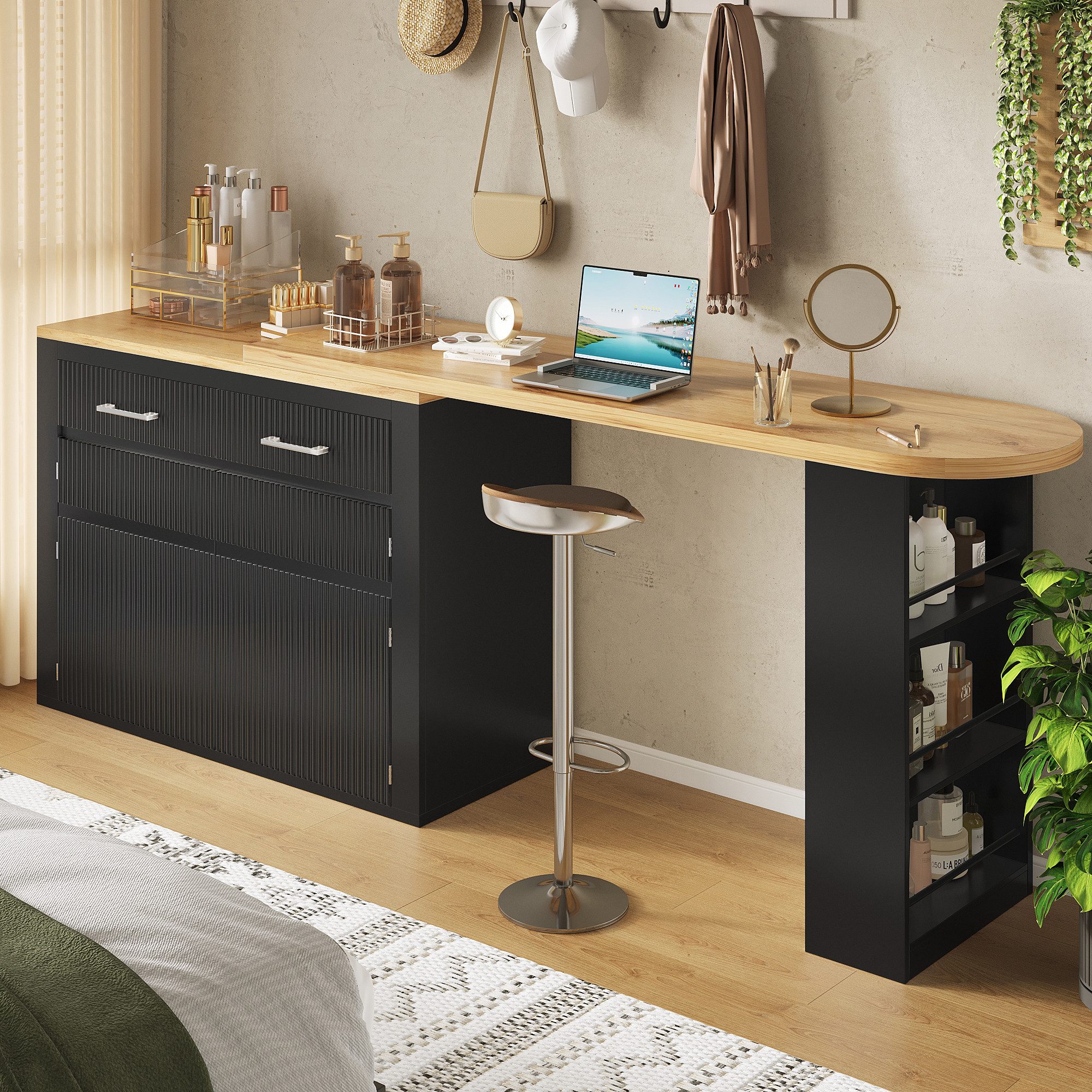 Flieks Bartisch 360° drehbar Esstisch mit Rollen & Kommode mit 2 Schubladen und Türen (Tischplatte in Holzoptik, Länge 137-215x39 cm, 2-St., 2er Set), beweglicher Stehtisch mit Ablagen Mehrzweckschrank Schwarz