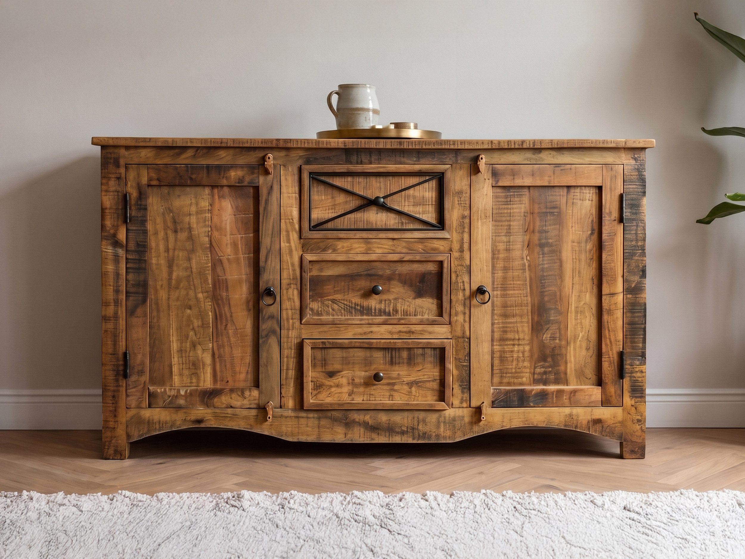 Massivart® Sideboard 150 cm Breite Massivholz Akazie lackiert »ACANO«, montiert · 2 Drehtüren · 3 Schubladen · 2 Einlegeböden