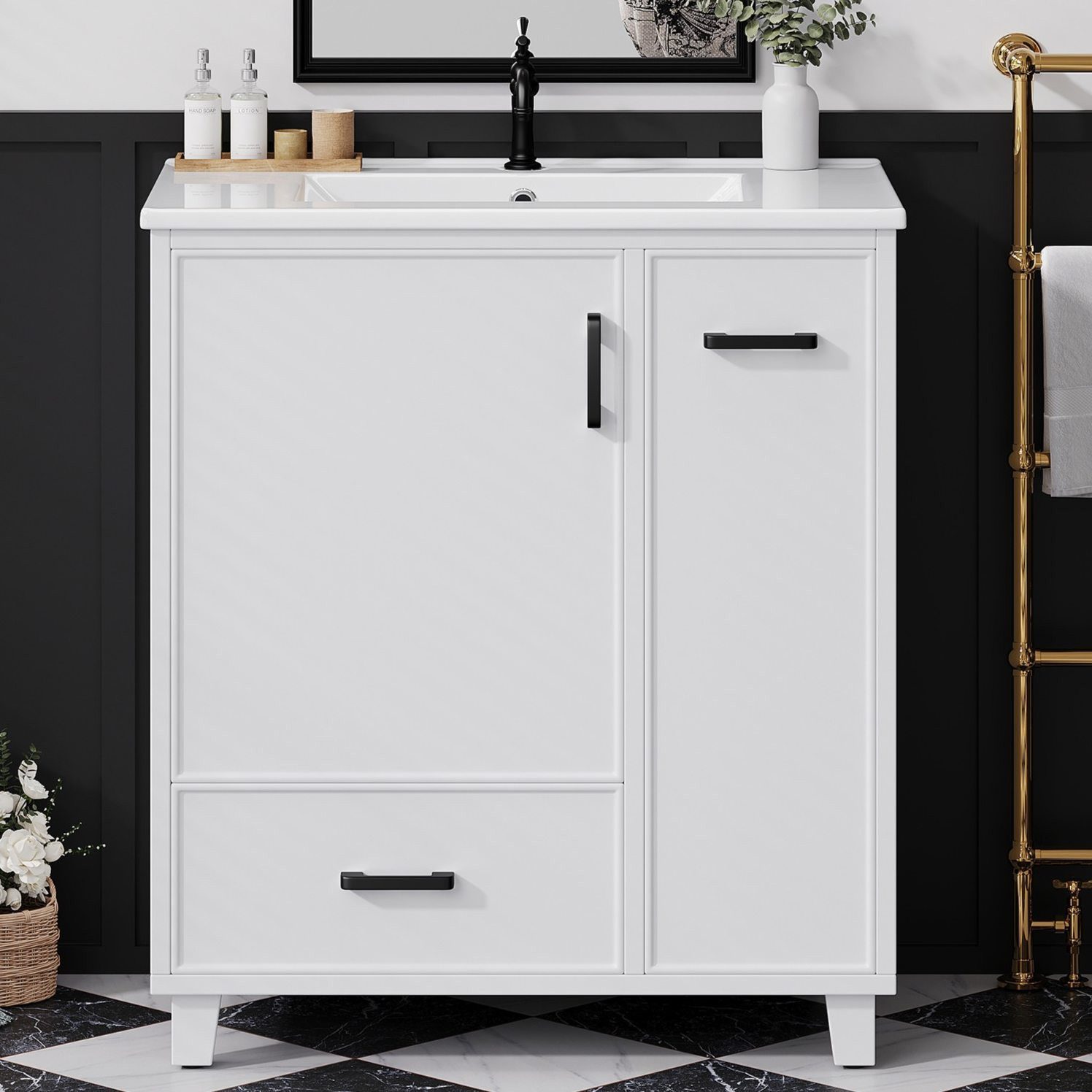 REDOM Waschbeckenunterschrank Badezimmerschrank mit Keramikbecken,Badmöbel (2-stufigem Seitenauszug und zusätzlichem Stauraum, freistehender Badschrank 76,5x47x82 cm mit lackierter Oberfläche)