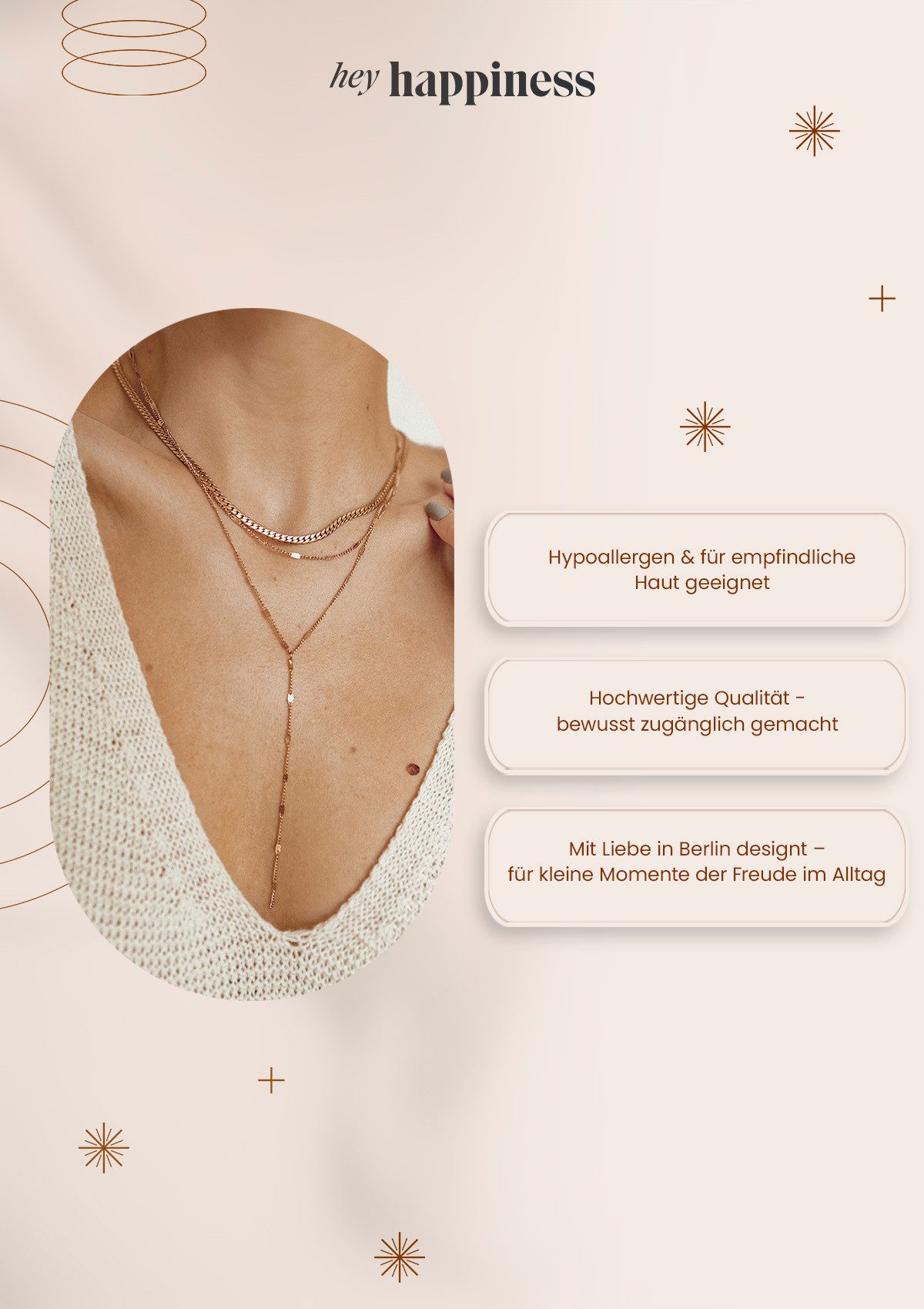 Hey Happiness Y-Kette Zweireihiges Collier, Elegante Layer Kette Damen Edelstahl, wasserfest – Bild 4 von 5