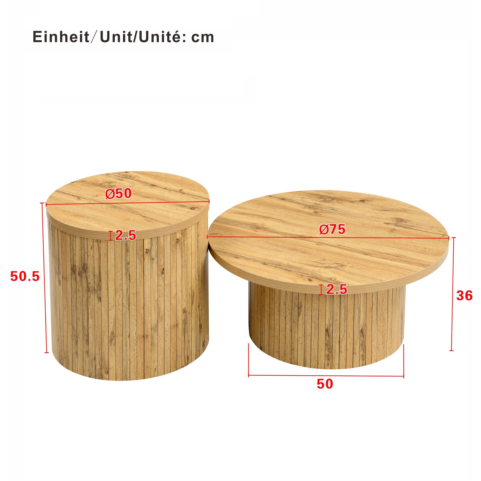 KLAM HOME Couchtisch Runder Couchtisch Set Mit Naturholzoptik Aus MDF (Doppeltes Tisch Design Für Vielseitige Nutzung), Moderner Beistelltisch Im Skandinavischen Stil