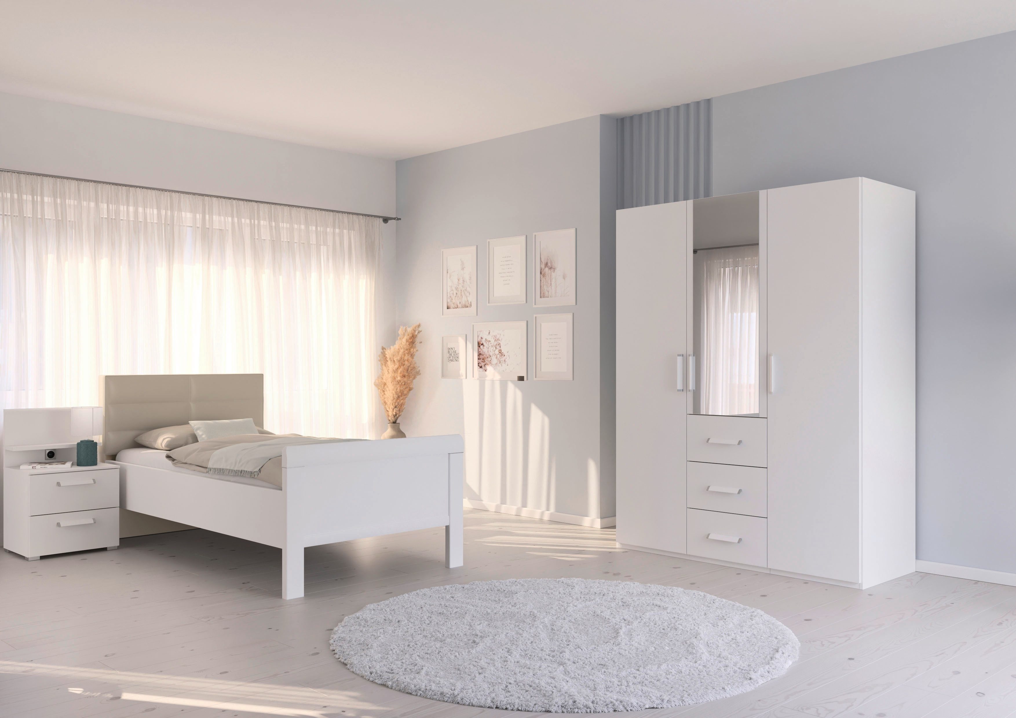 rauch Schlafzimmer-Set Komplettschlafzimmer Schlafzimmer EVELYN, (Set, 3-tlg., inkl. SOFT-CLOSE-FUNKTION), Schrank und Bett in 2 Breiten, Nachttisch mit Paneel MADE IN GERMANY