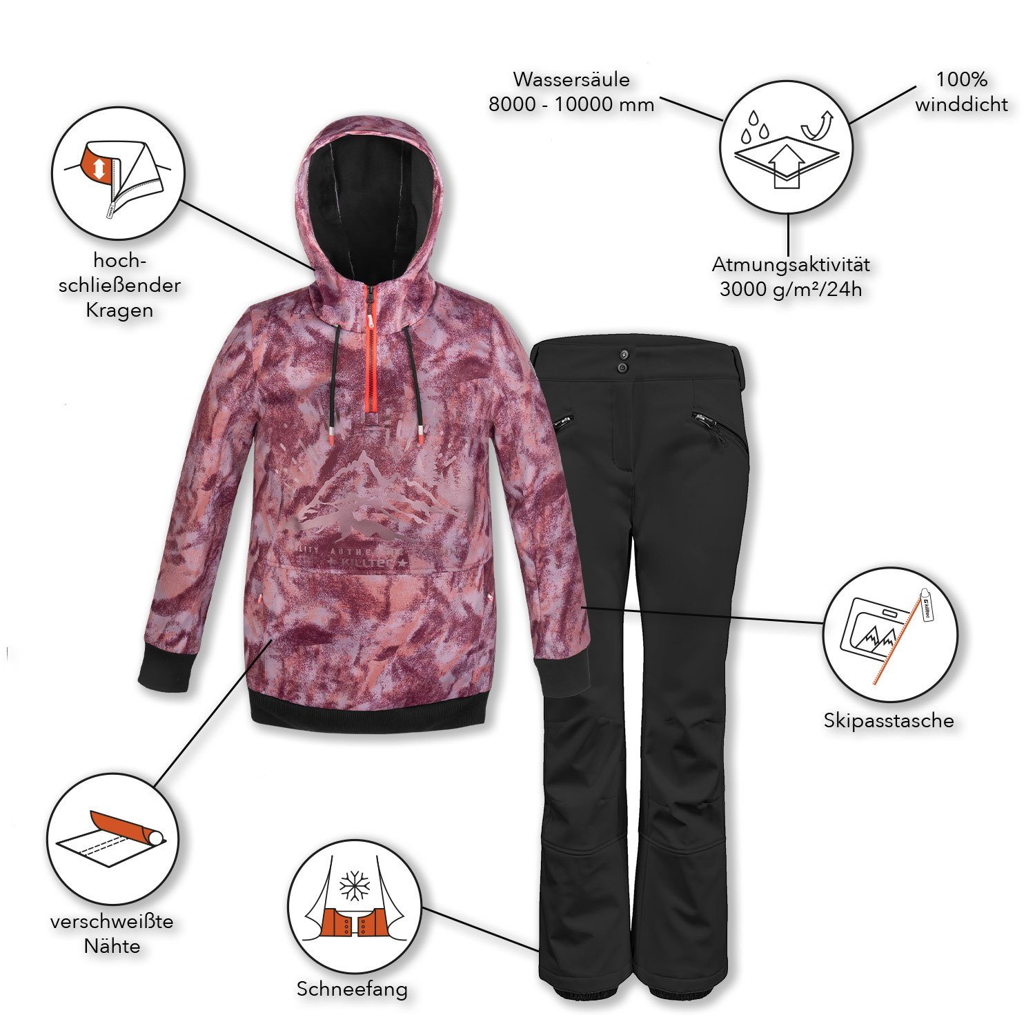 Skianzug Wanderbekleidung Killtec Hoodie Damen pflaume/schwarz Hosen Killtec Kombination von für Alpine