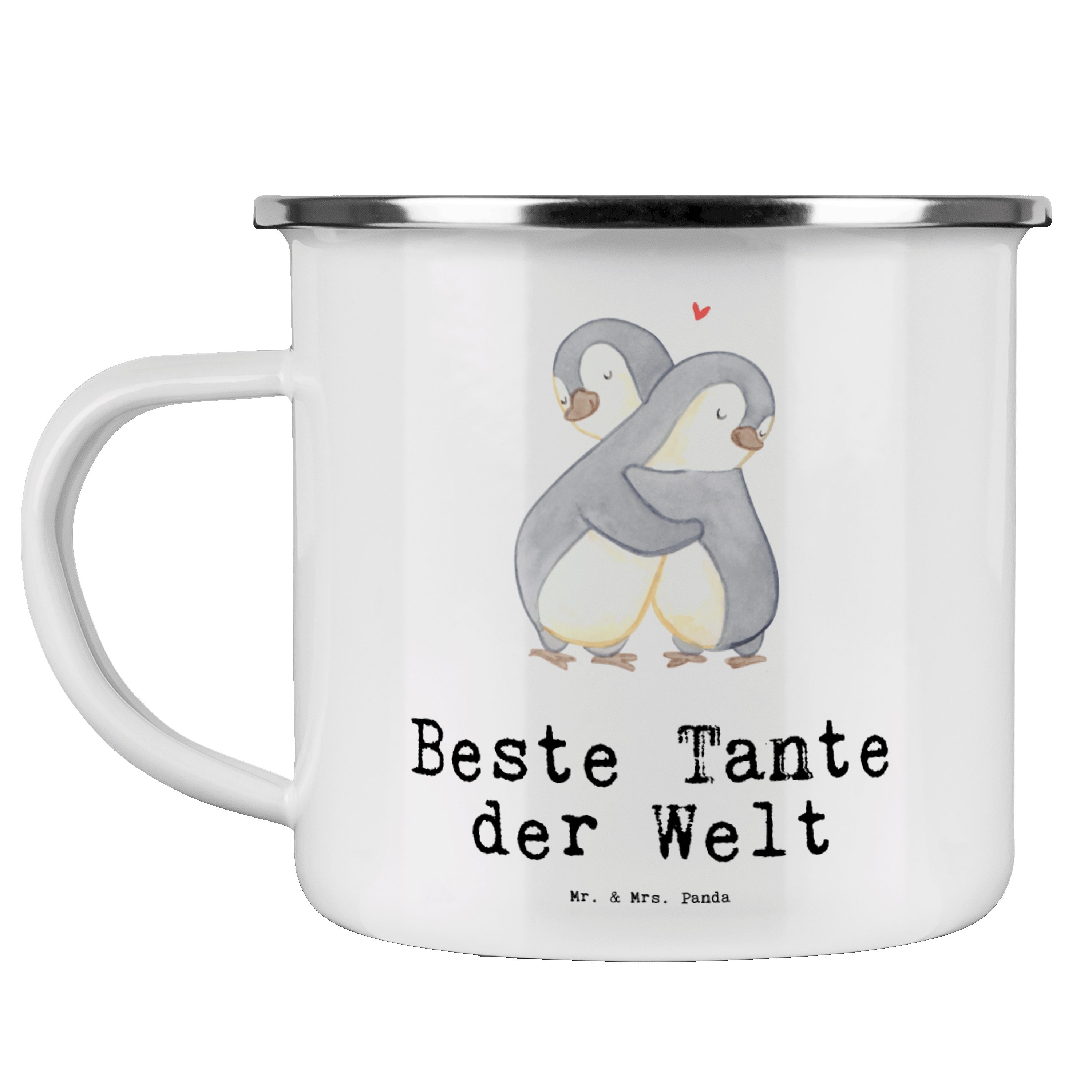 Mr. & Mrs. Panda Becher Pinguin Beste Tante der Welt - Weiß - Geschenk, Patentante, Blechtass, Emaille