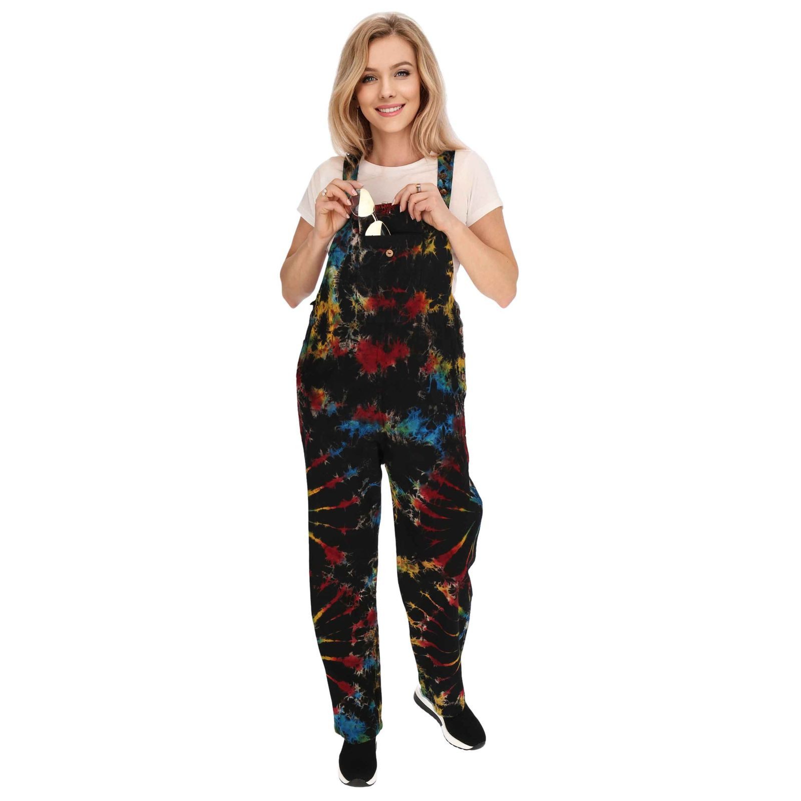 KUNST UND MAGIE Latzhose Tie Dye Batik Latzhose Haremshose Hose Psy 70er Boho Jumpsuit Bunt
