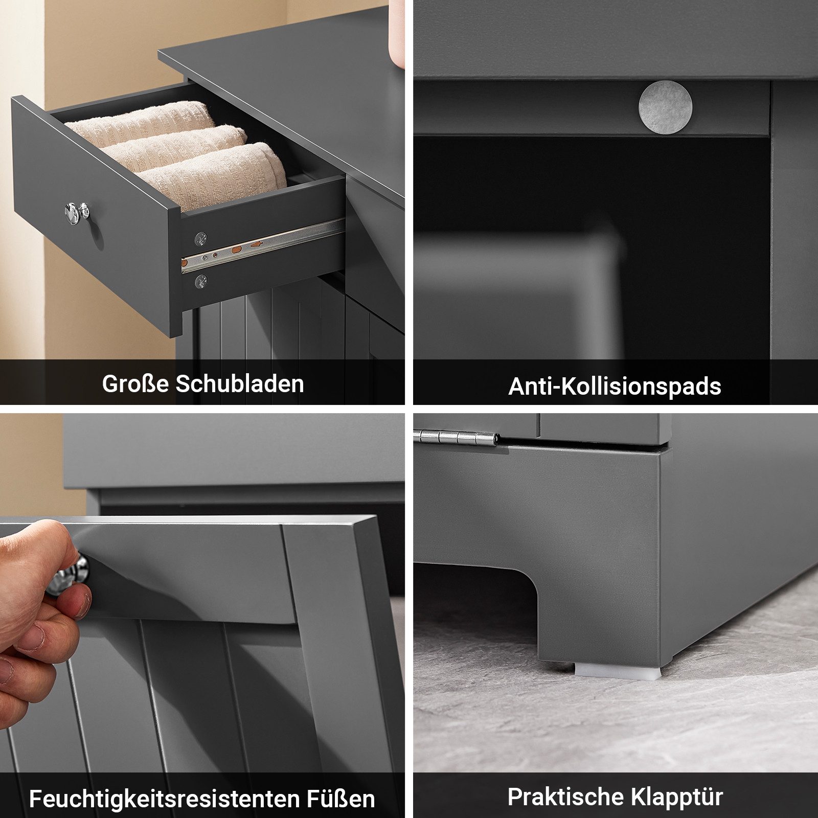 SoBuy Wäscheschrank DE1-BZR33, Badschrank mit Wäschekorb, Badkommode, Bad Waschküche Badezimmerschrank Wäscheschrank mit 2 Schubladen und 2 Wäscheboxen – Bild 5 von 5