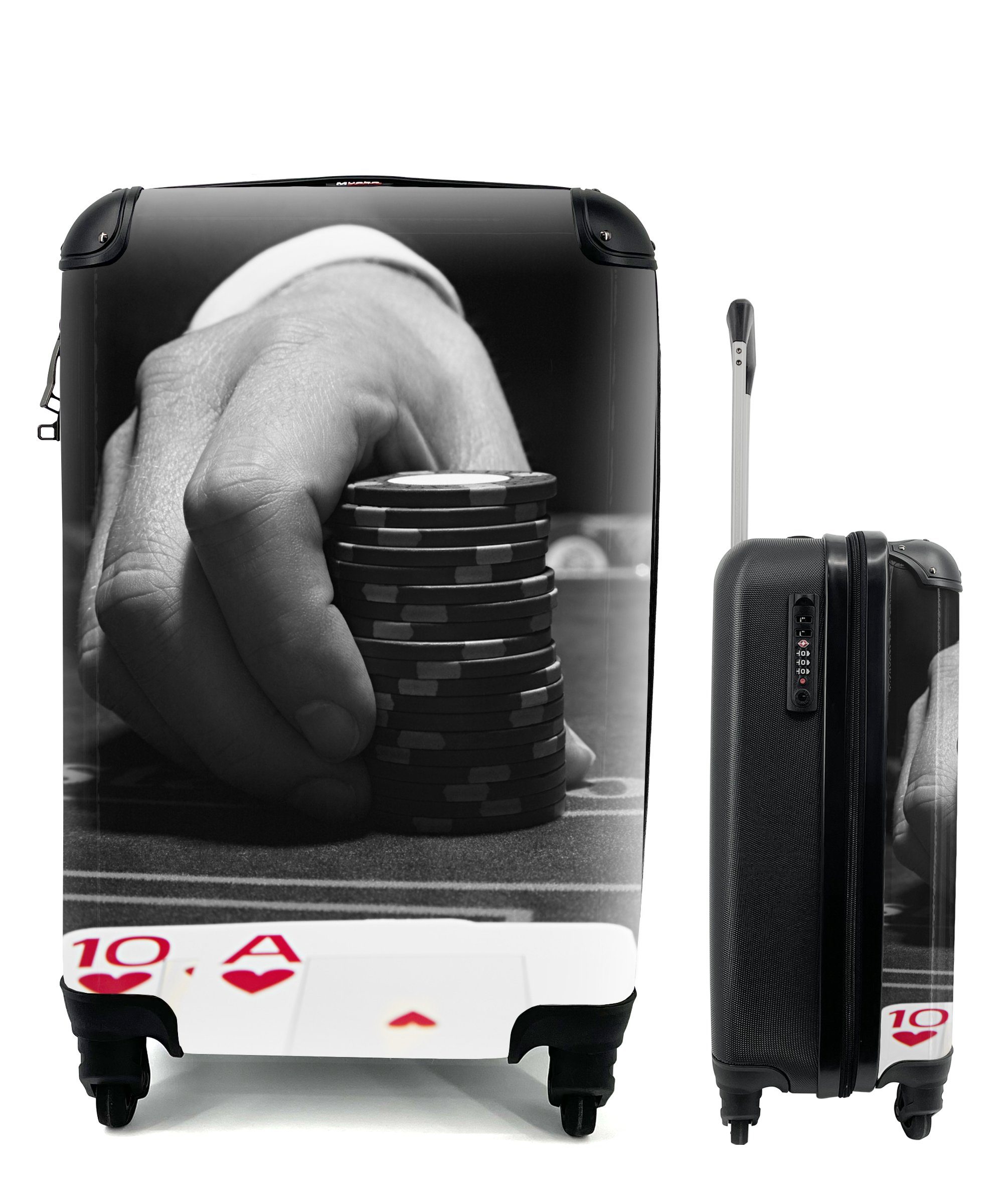 MuchoWow Handgepäckkoffer Ein Blatt mit Chips und Spielkarten, 4 Rollen, Reisetasche mit rollen, Handgepäck für Ferien, Trolley, Reisekoffer