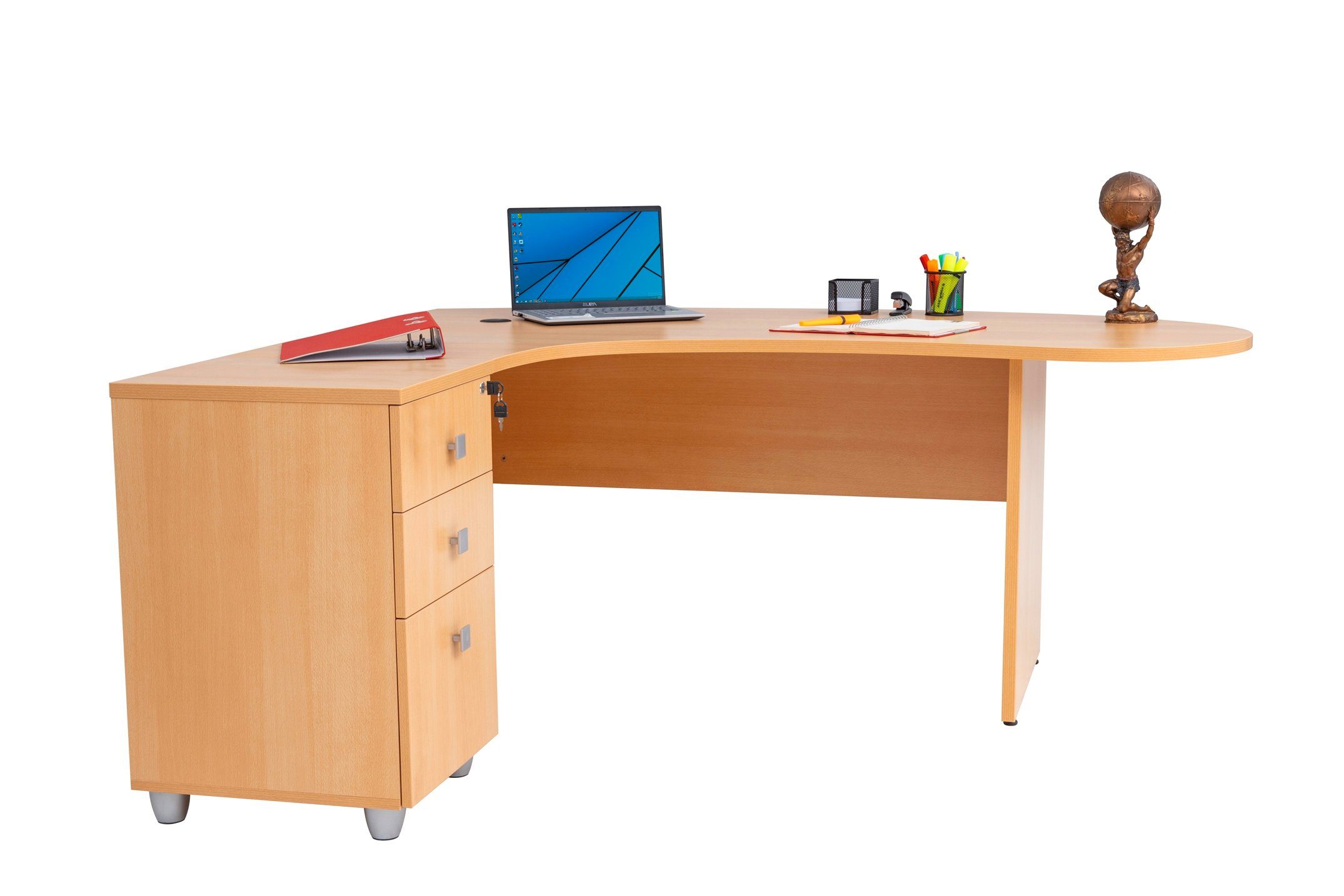 Beistellcontainer inkl. Gela,Holzfuss,Buche,180 Furni24 cm, Winkelschreibtisch Schreibtisch