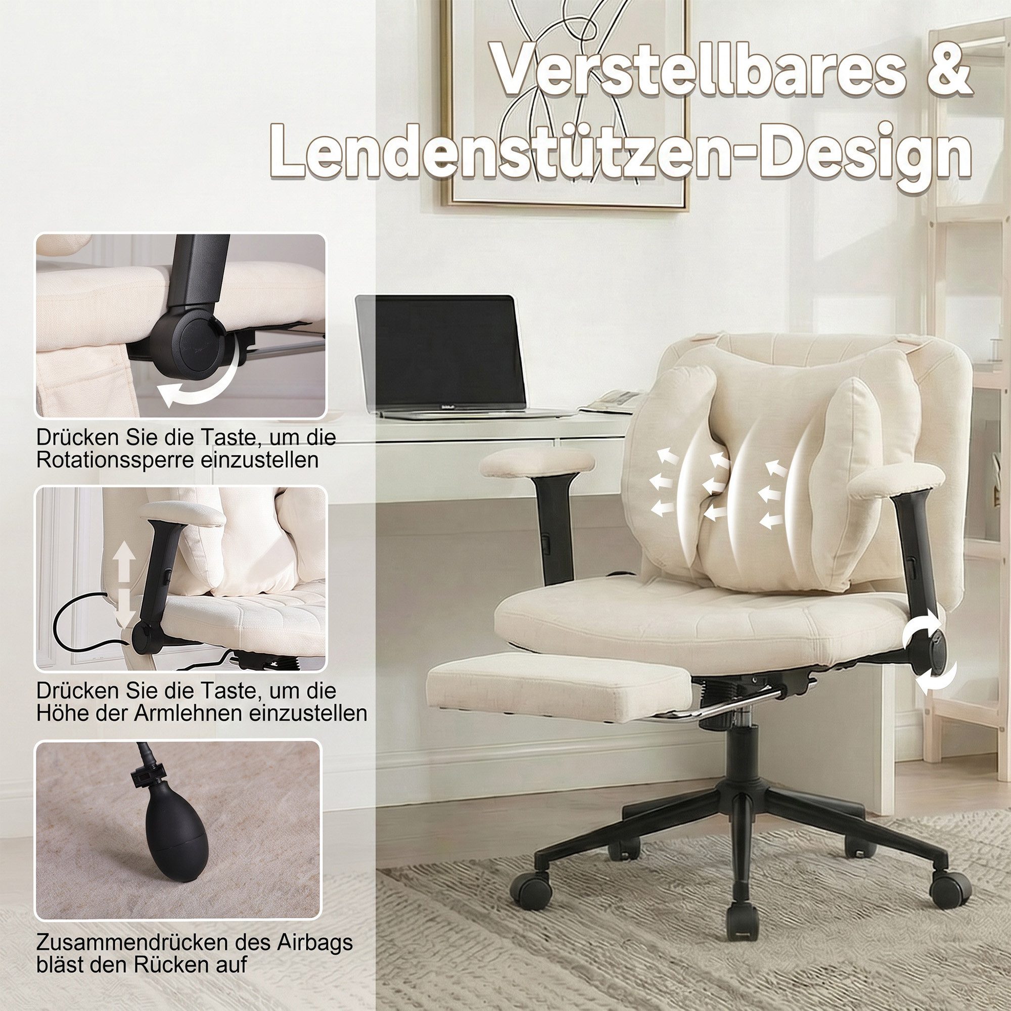 CANMOV Bürostuhl Bequemer Schreibtischstuhl mit Massage Kissen, ergonomischer Bürostuhl, mit Massagekissen, Fußstütze, klappbaren Armlehnen, 360° drehbar – Bild 5 von 5