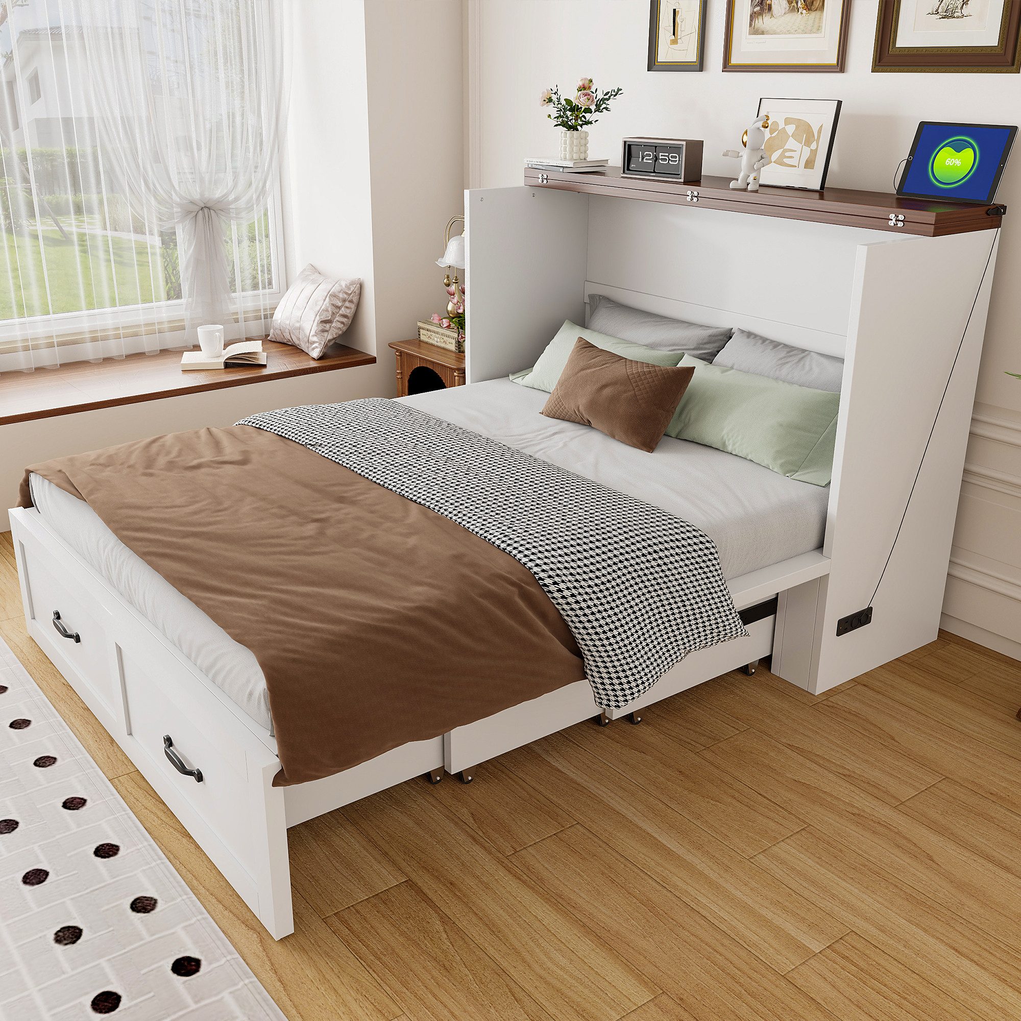 Odikalo Schrankbett 140×200 Klappbett Jugendbett Doppelbett Weiß (Ausziehbares Bettgestell mit Stauraum Steckdose nach europäischem Standard Metallrahmen geräuscharme Rollen Ohne Matratze)
