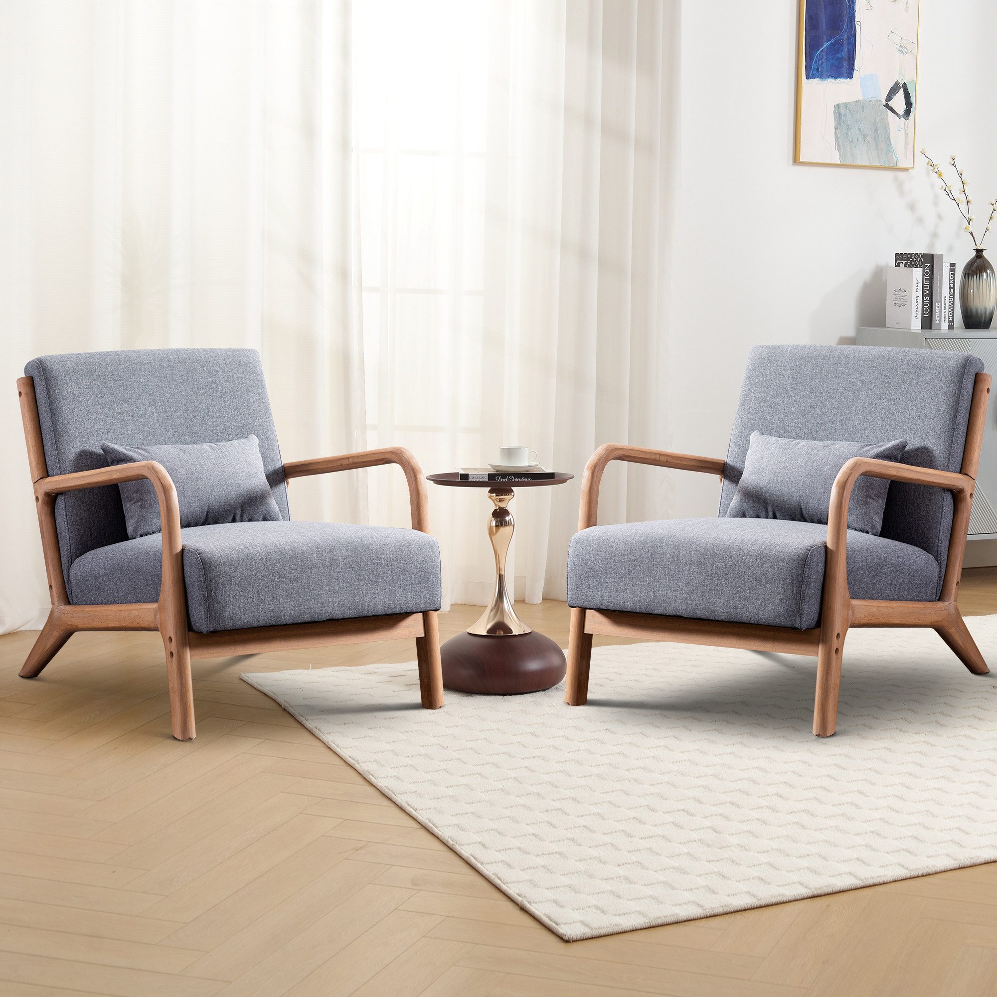 CANMOV Loungesessel Accent Sessel mit Kissen, Loungesessel mit Armlehnen, Armsessel (2-St), Natürliches Holz, Liegestuhl mit Armlehne und Kissen, für Wohnzimmer