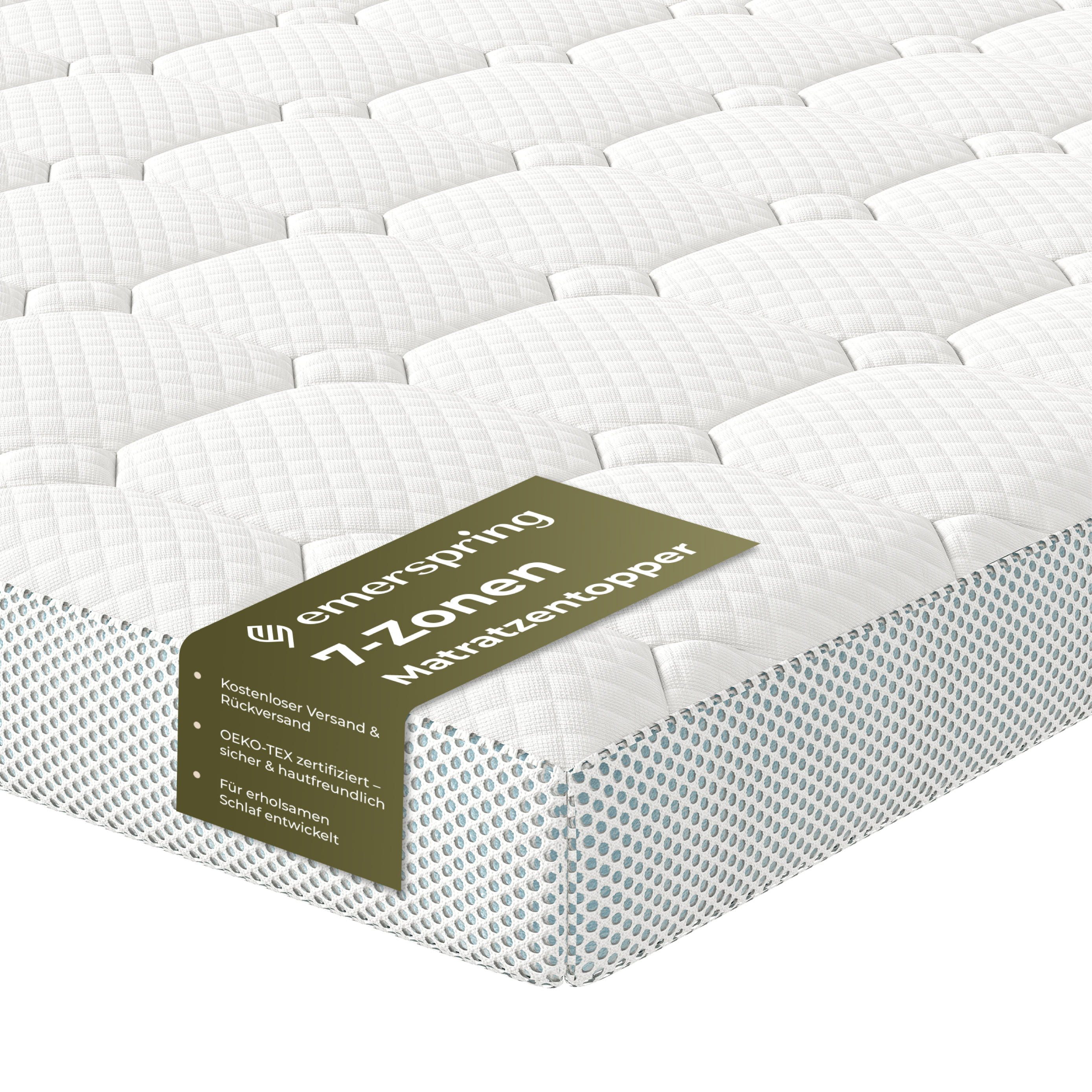 emerspring, Topper Matratzentopper H2 Visco & Kaltschaum Matratzenauflage Druckentlastung, 7 cm hoch, 7 cm Kaltschaum Topper H2 – 7-Zonen Druckentlastung Atmungsaktiv