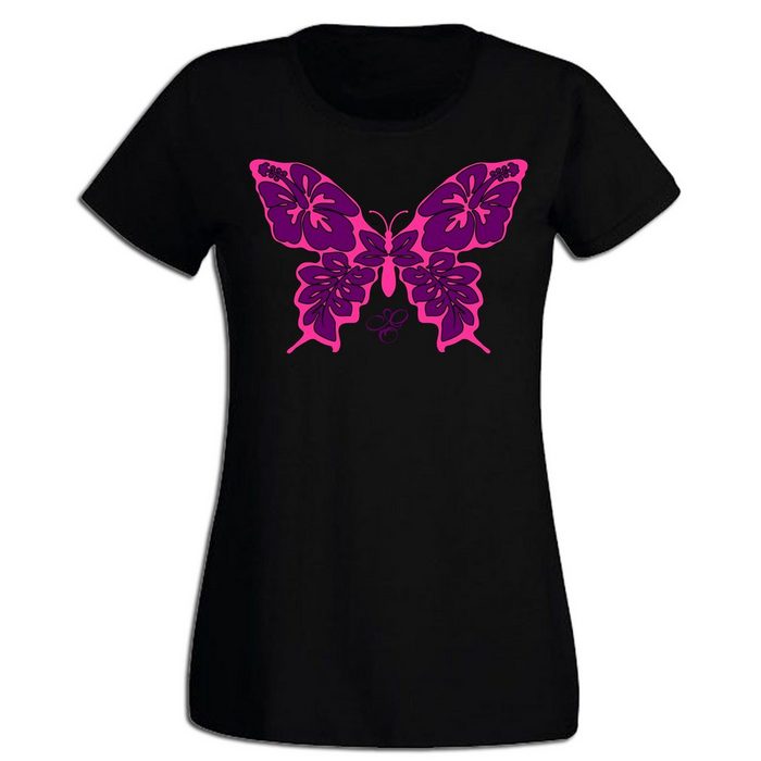 G-graphics T-Shirt Damen T-Shirt - Hibiskus-Schmetterling mit trendigem Frontprint • Aufdruck auf der Vorderseite • Print / Motiv • Pink-Purple-Collection • für jung & alt