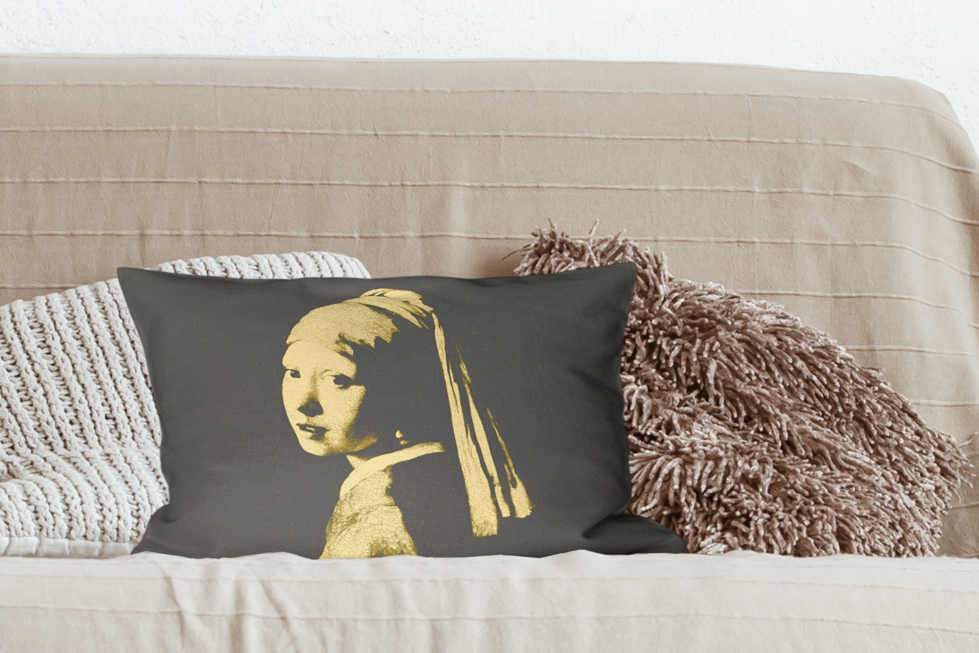 Wohzimmer mit Dekokissen Vermeer Schlafzimmer Füllung, - Schwarz Perlenohrring MuchoWow - Dekoration, Mädchen - Dekokissen Zierkissen, Gelb, mit