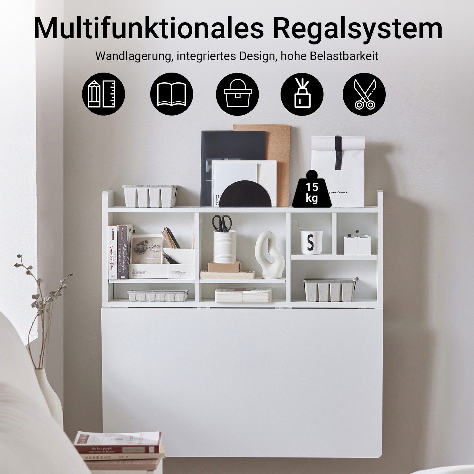 SoBuy Klapptisch FWT07, Wandregaltisch mit integriertem Regal, Wand Tisch, Wandklapptisch Schreibtisch Wandschrank Küchentisch Esstisch Weiß