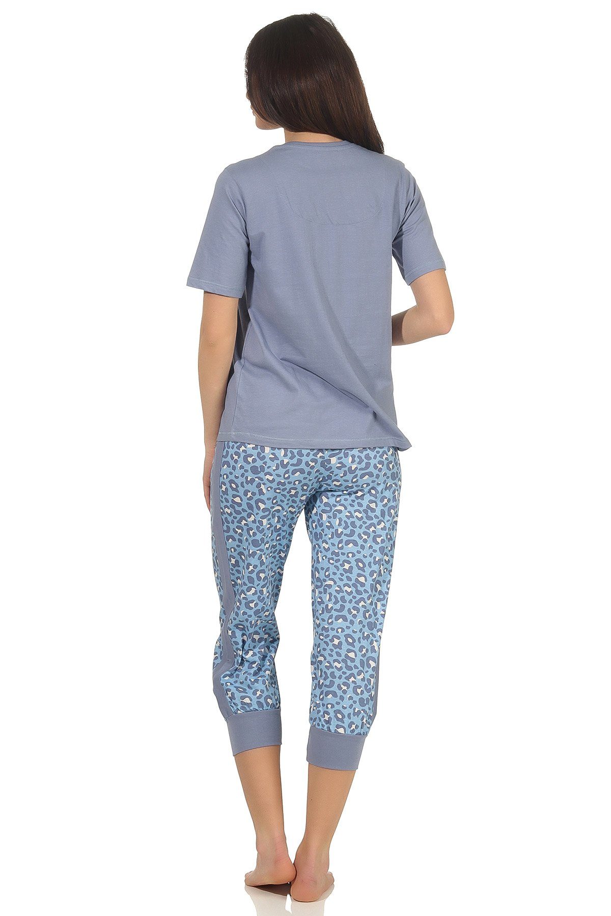 Wäsche/Bademode Pyjamas Normann Pyjama Damen Capri Pyjama kurzarm, Caprihose mit seitlichen Streifen am Bein und Leo-Muster