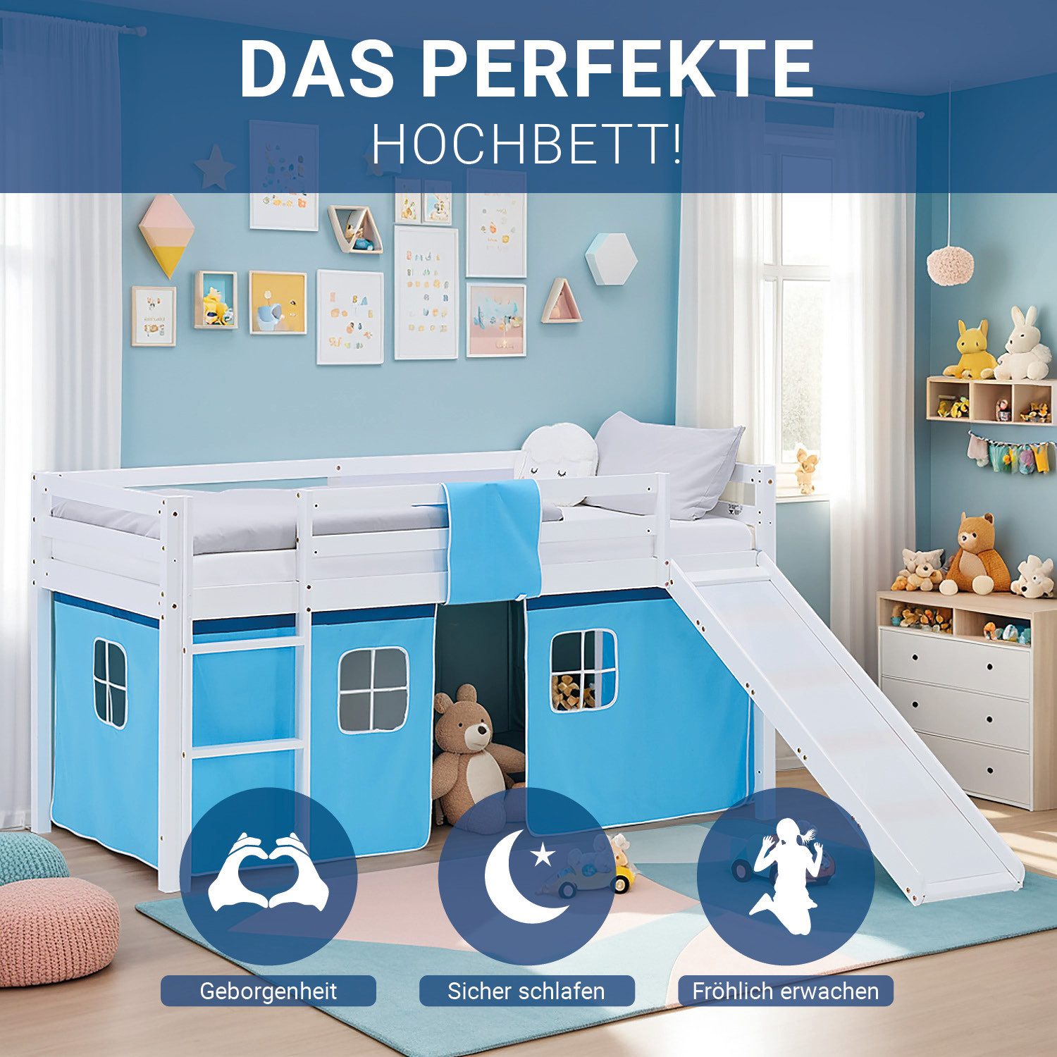 Homestyle4u Hochbett 90x200 Vorhang Kinderbett Holz günstig online kaufen