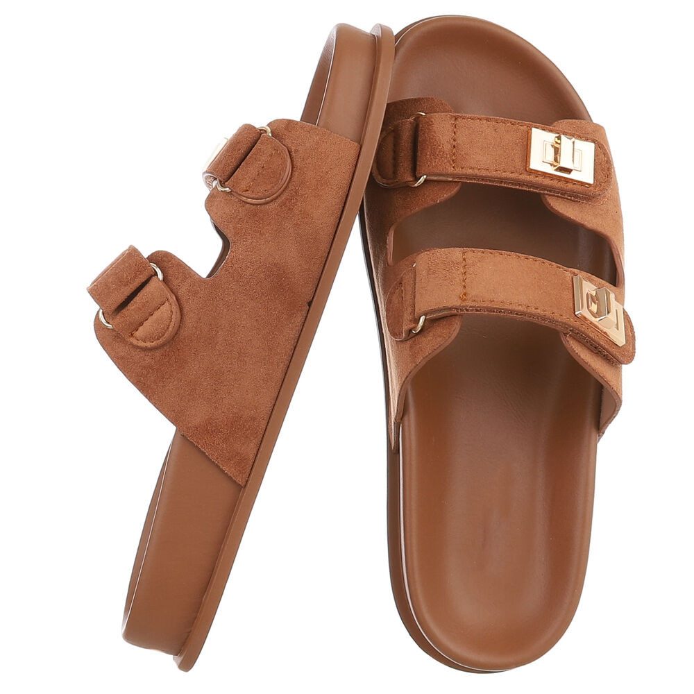 Ital-Design Damen Slipper mit Schnallen und Komfortsohle Pantolette (91742278) Flach Pantoletten in Camel – Bild 2 von 5