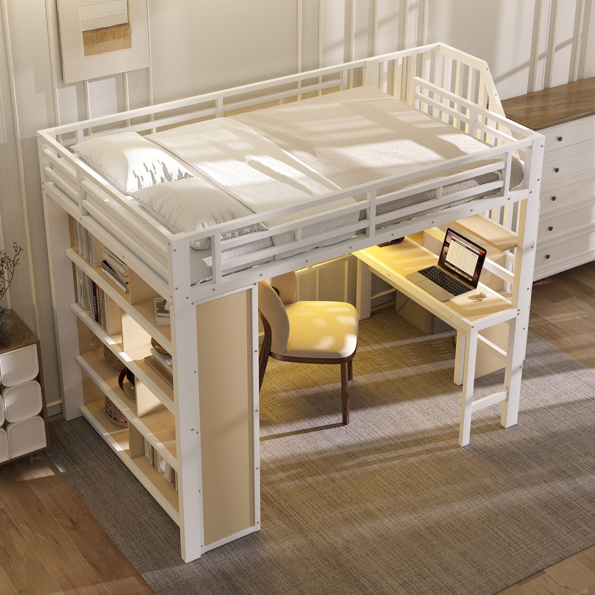 MODFU Hochbett Jugendbett mit Schreibtisch (Funktionsbett, Stauraum unter der Treppe und LED-Lichtleiste, Metallbett 140x200 cm) ohne Matratze