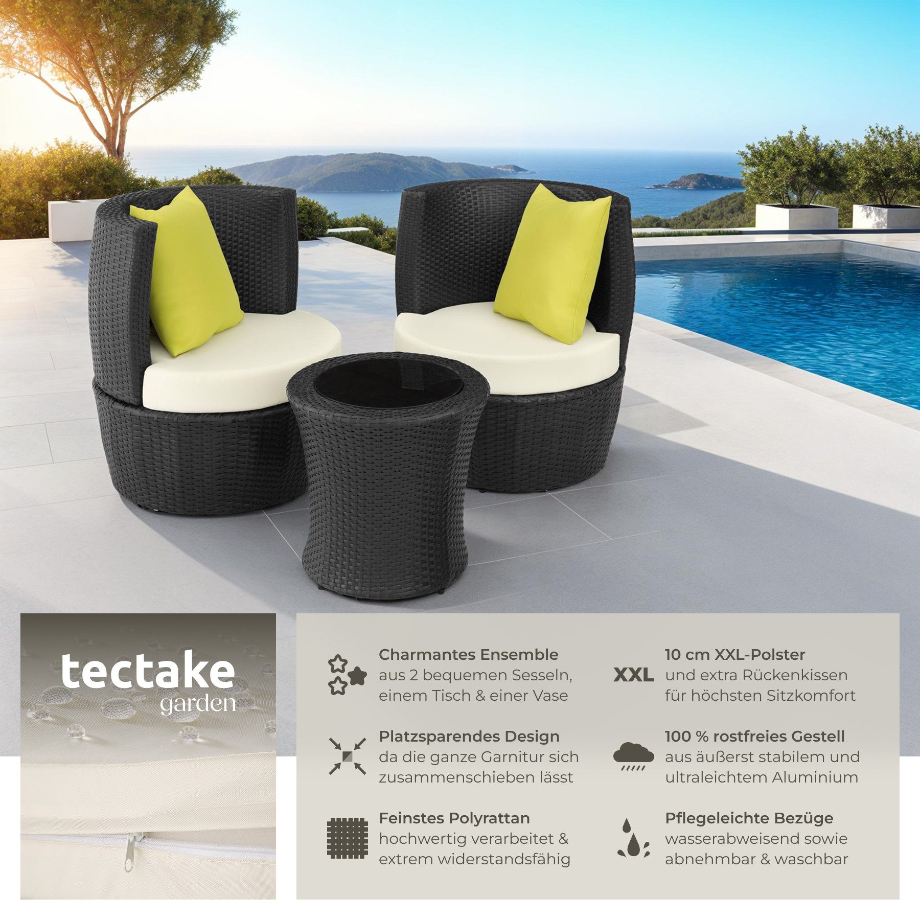 tectake Sitzgruppe Aluminium Rattan Gartenlounge, stapelbar, mit Sicherheitsglasplatte, (Loungeset Nizza, 4-tlg., für Außen in Schwarz), wetterfest und UV-beständig, gepolstert, inklusive Vase und Kissen