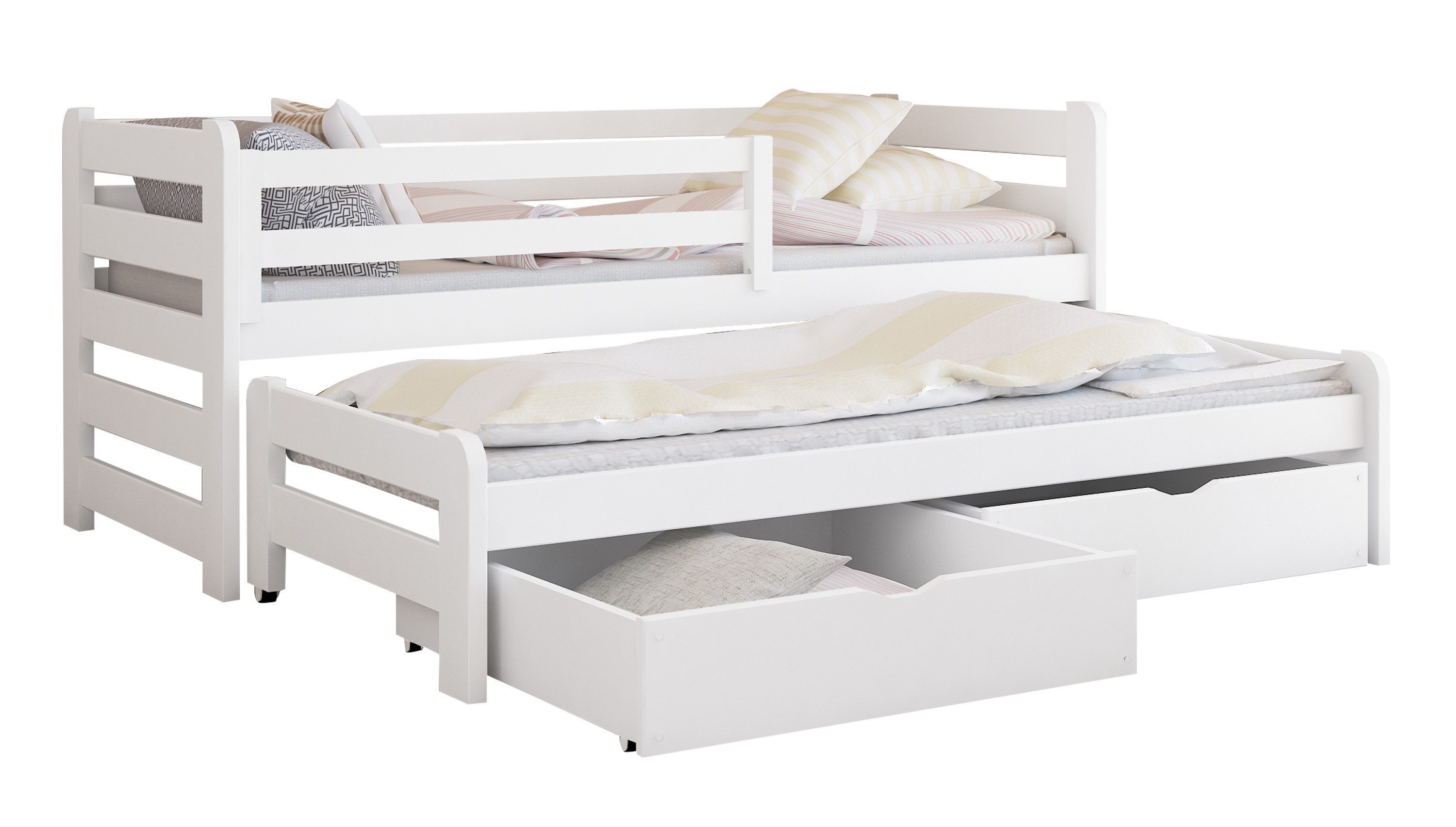 Kids Collective Jugendbett Einzelbett Kinderbett 90x200 cm, Lattenrost, Rausfallschutz Vollholz, 90x200 cm, Rausziehbett 190x90 mit zwei Schubladen und Matratze – Bild 2 von 5