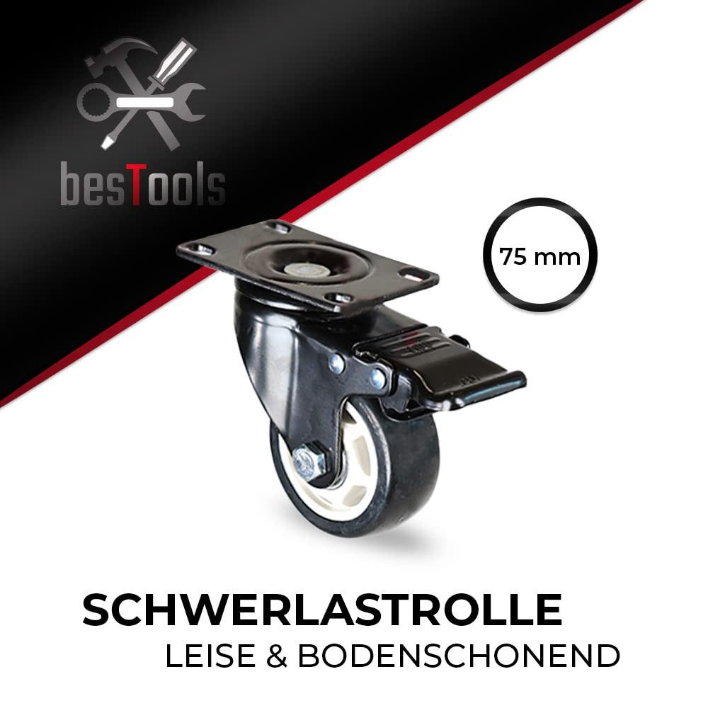 bestTools Schwerlastrolle Werkbank Rollen 75 mm, 360° drehbar 4er Set bis 270 kg, 2 Rollen mit Bremse, inkl. Montagewerkzeug, bodenschonend – Bild 5 von 5