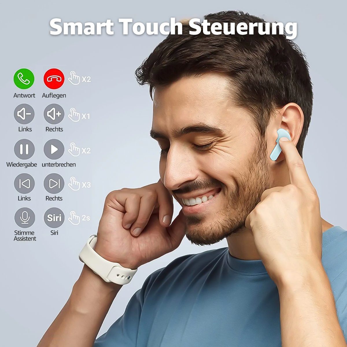 Bluetooth Wireless Cancelling, (Noise 5,3, MOOHO Kopfhörer, Bluetooth TWS Earbuds Kopfhörer Headphones) Bluetooth-Kopfhörer In-Ear-Kopfhörer Kabellose Kopfhörer Blau