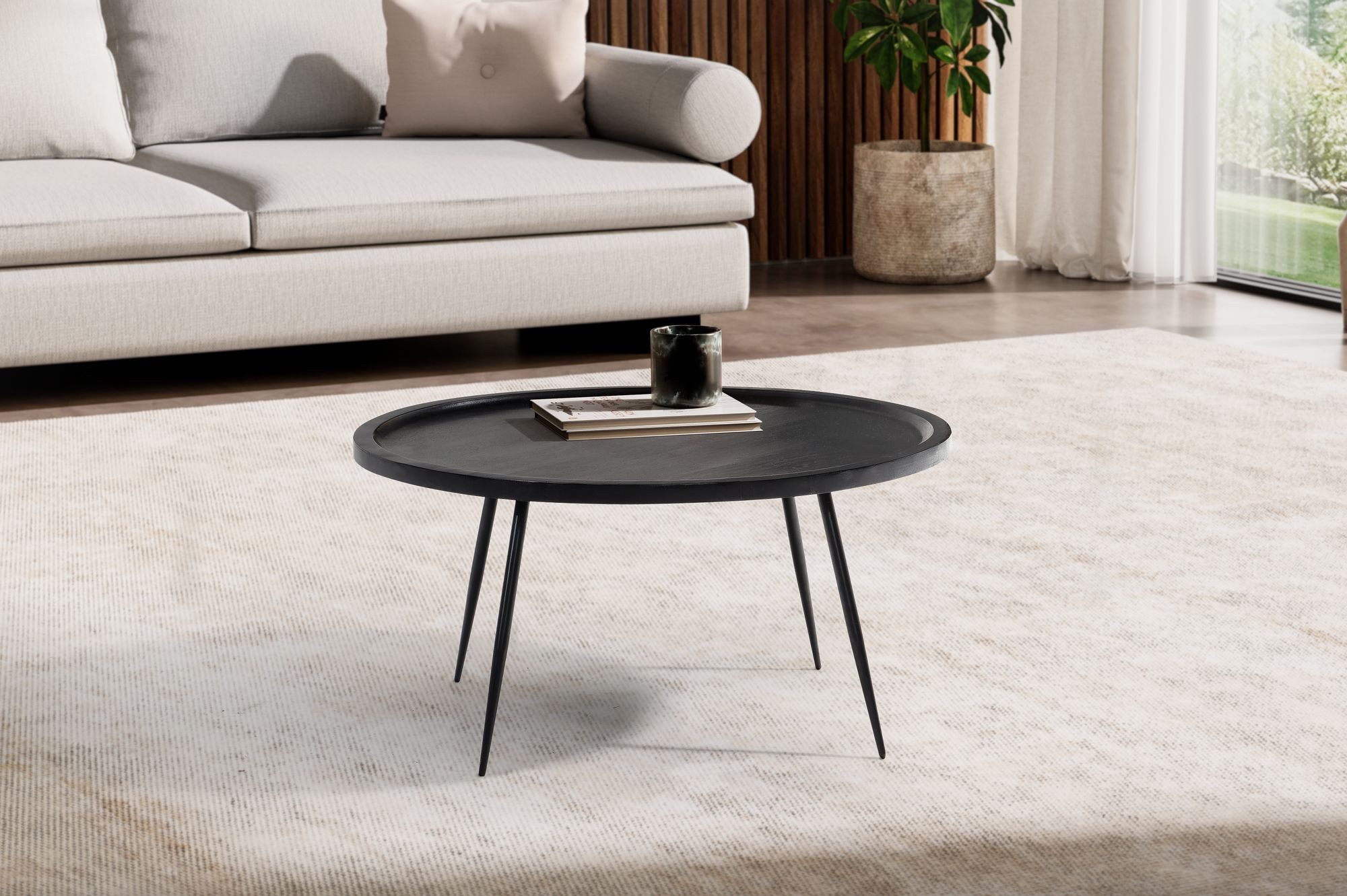 FINEBUY Couchtisch FB106214 Massivholz rund Ø 75 cm Schwarz Moderner Wohnzi günstig online kaufen