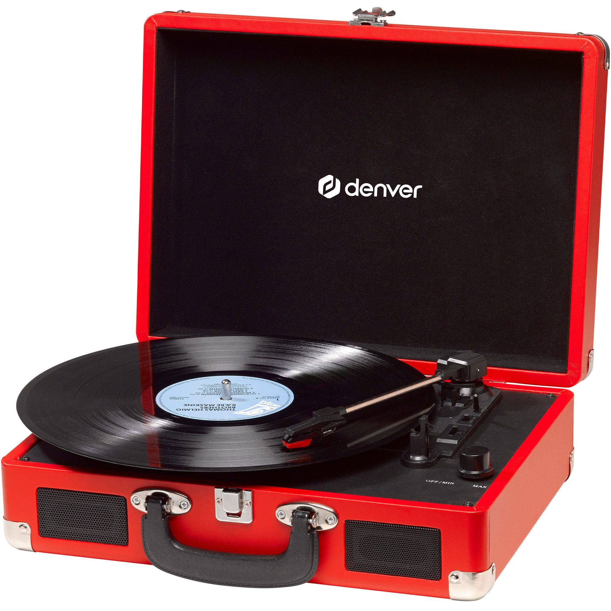 Denver VPL-120R Plattenspieler (Riemenantrieb, Kofferdesign, Kopfhöreranschluss, mit 2 eingebauten Lautsprechern)