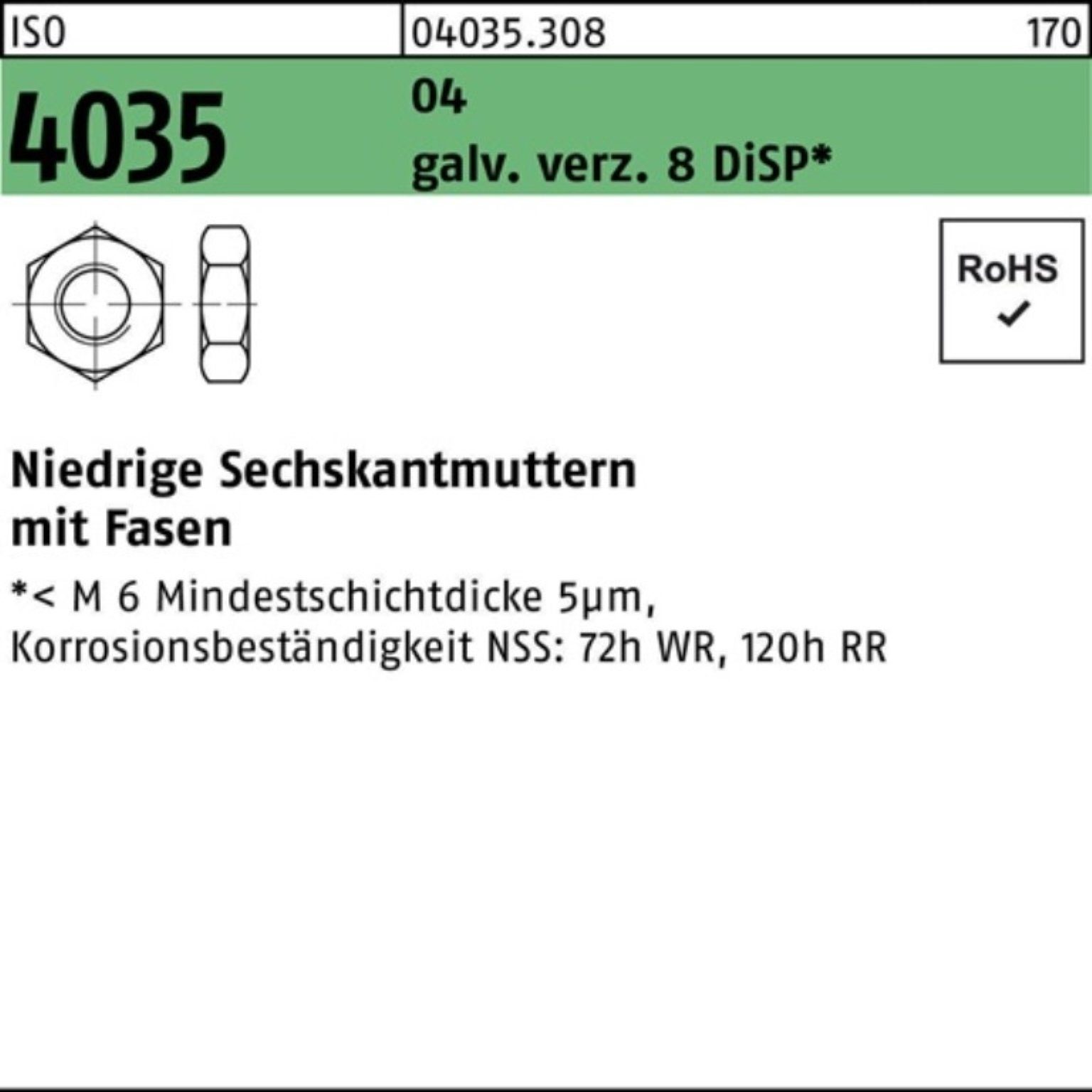 ISO 4035 Fasen M4 1000er niedrig Pack Sechskantmutter v Muttern Reyher Automatenstahl