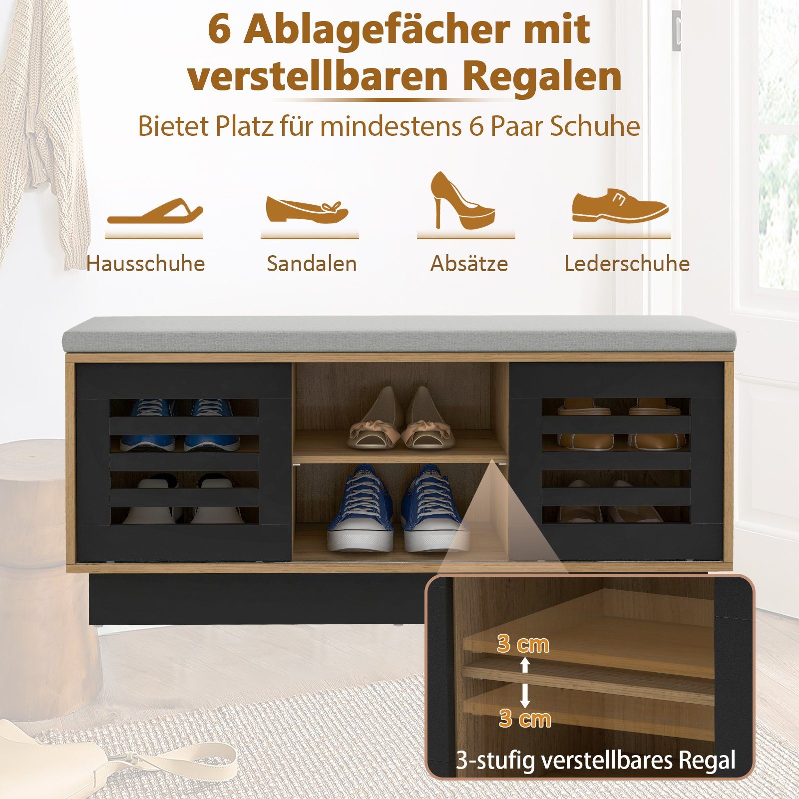COSTWAY Schuhbank, mit Sitzkissen, Stauraum, Schiebetür verstellbare Ablage