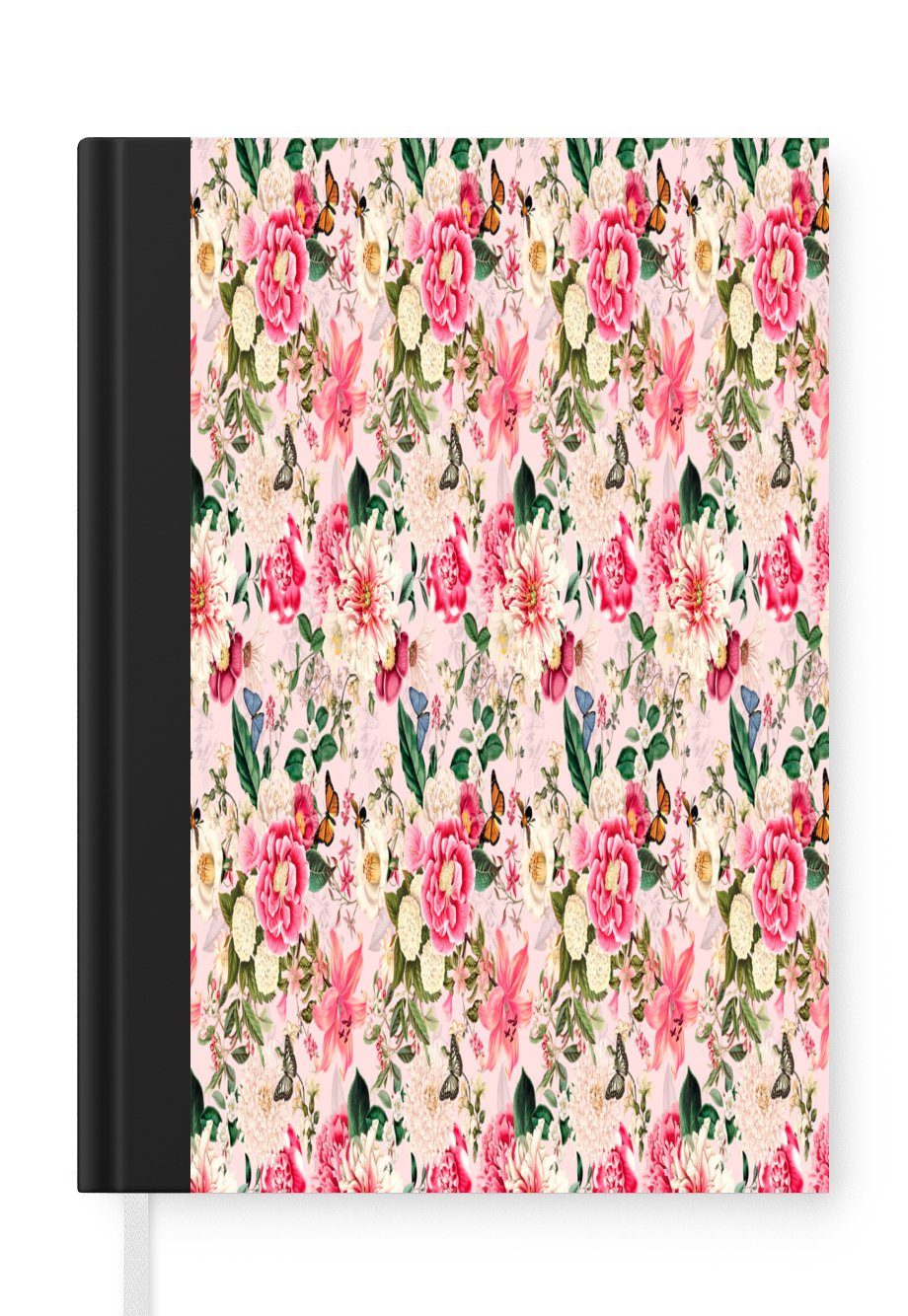 MuchoWow Notizbuch Blumen - Lilie - Rosa - Schmetterling, Journal, Merkzettel, Tagebuch, Notizheft, A5, 98 Seiten, Haushaltsbuch