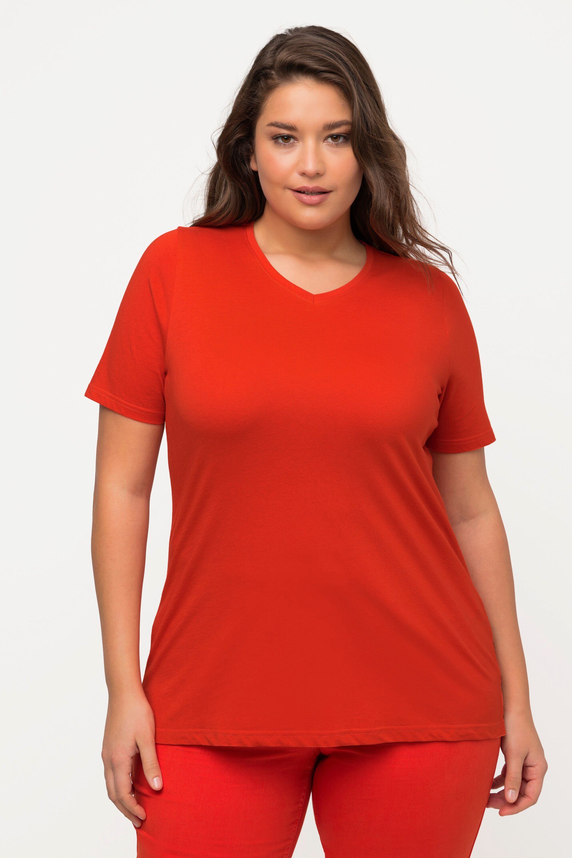 Ulla Popken Rundhalsshirt T-Shirt V-Ausschnitt Biobaumwolle Halbarm Classic dunkelorange