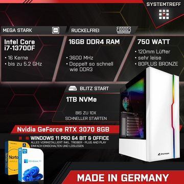 SYSTEMTREFF Gaming-PC (Intel Core i7 13700F, GeForce RTX 3070, 16 GB RAM, 1000 GB SSD, Luftkühlung, Windows 11, WLAN)