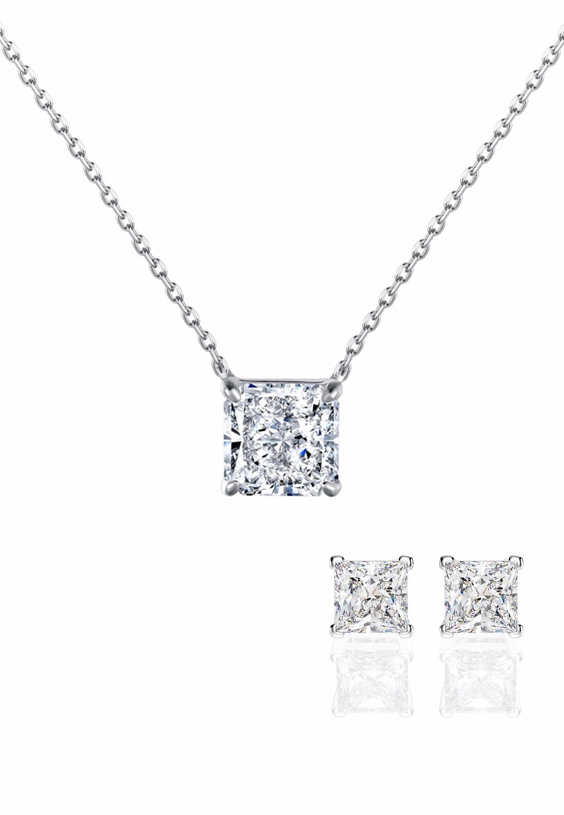 BRELLATO Schmuckset SOLITAIRE Set Glitzer Damen Kristall Halskette Anhänger Ohrstecker, (Geschenk-Idee, Geschenkset Damen-Schmuck Kette mit Ice-Crushed-Schliff Zirkon Kristall, 3-tlg., inkl., Ohrringe, Schmuck-Box, zum, Valentinstag, Muttertag, Weihnachten), Kristall-Collier Sterling Silber 925 18K Weißgold Rhodiniert, Zirkonia