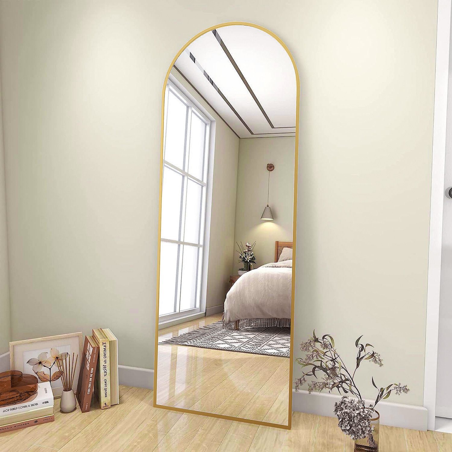 Boromal Wandspiegel ganzkörper 150x50 Bogenspiegel Weiß Schwarz Gold Alurahmen (Flurspiegel modern, 5mm Glas), Standspiegel, Hängespiegel, Hochspiegel